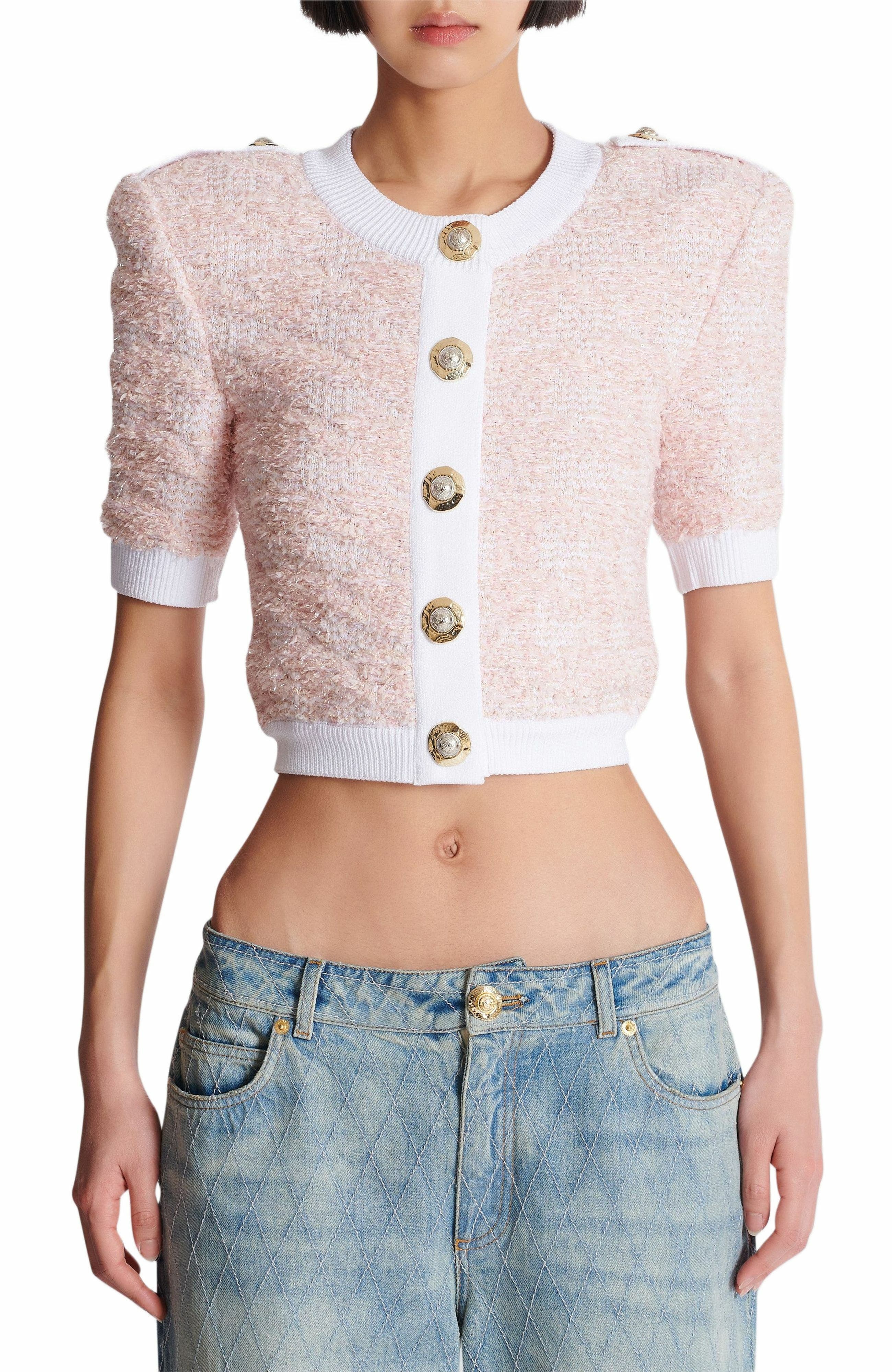 Balmain Short-sleeved knit cardigan in Pink at Nordstrom - 7