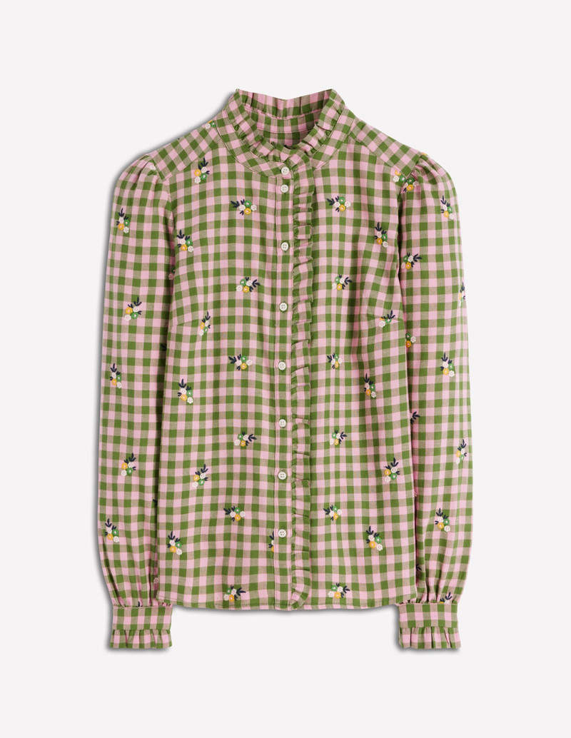 Helena Brushed Cotton Top-Green and Pink Floral Check 1