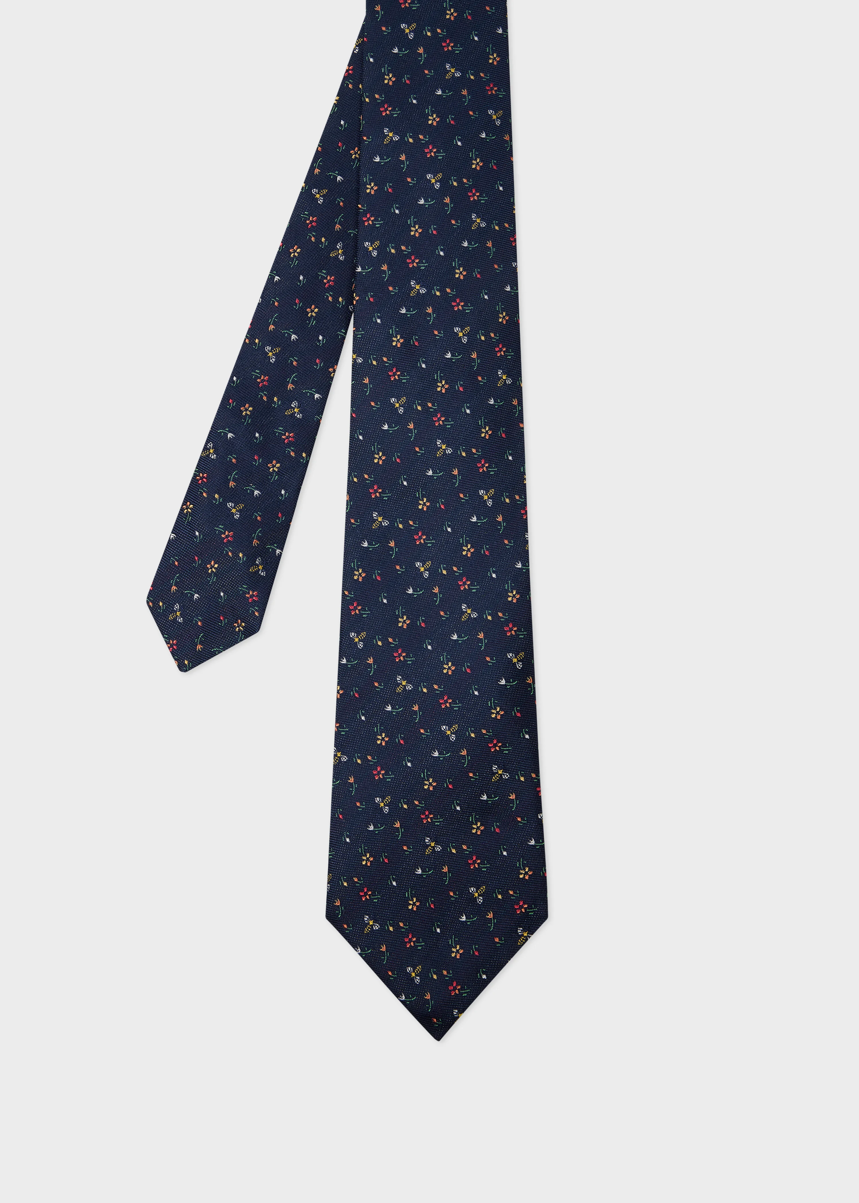Navy 'Flowers and Bees' Silk Tie - 1