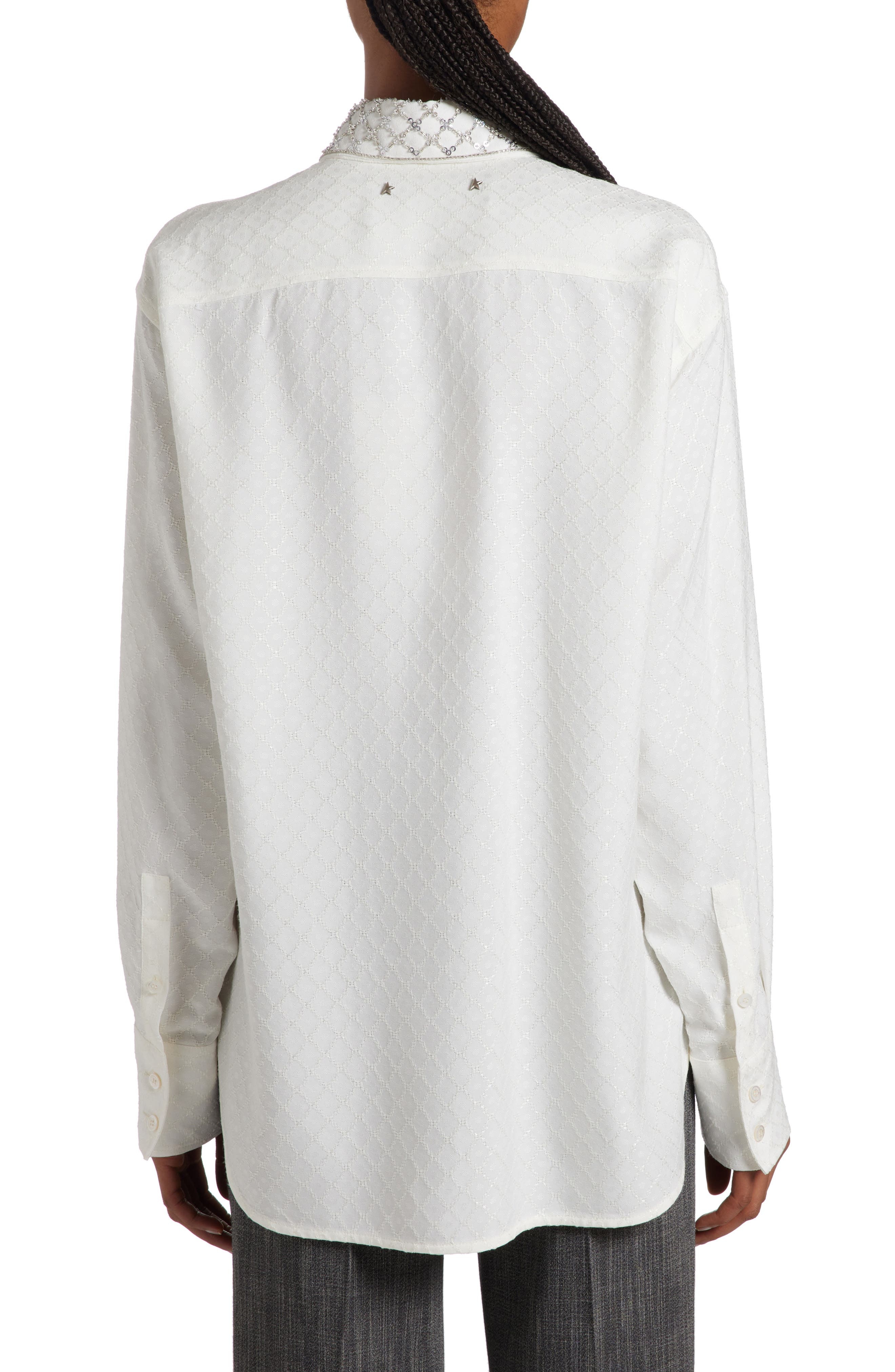 Crystal Embellished Jacquard Silk Blend Button-Up Shirt - 3