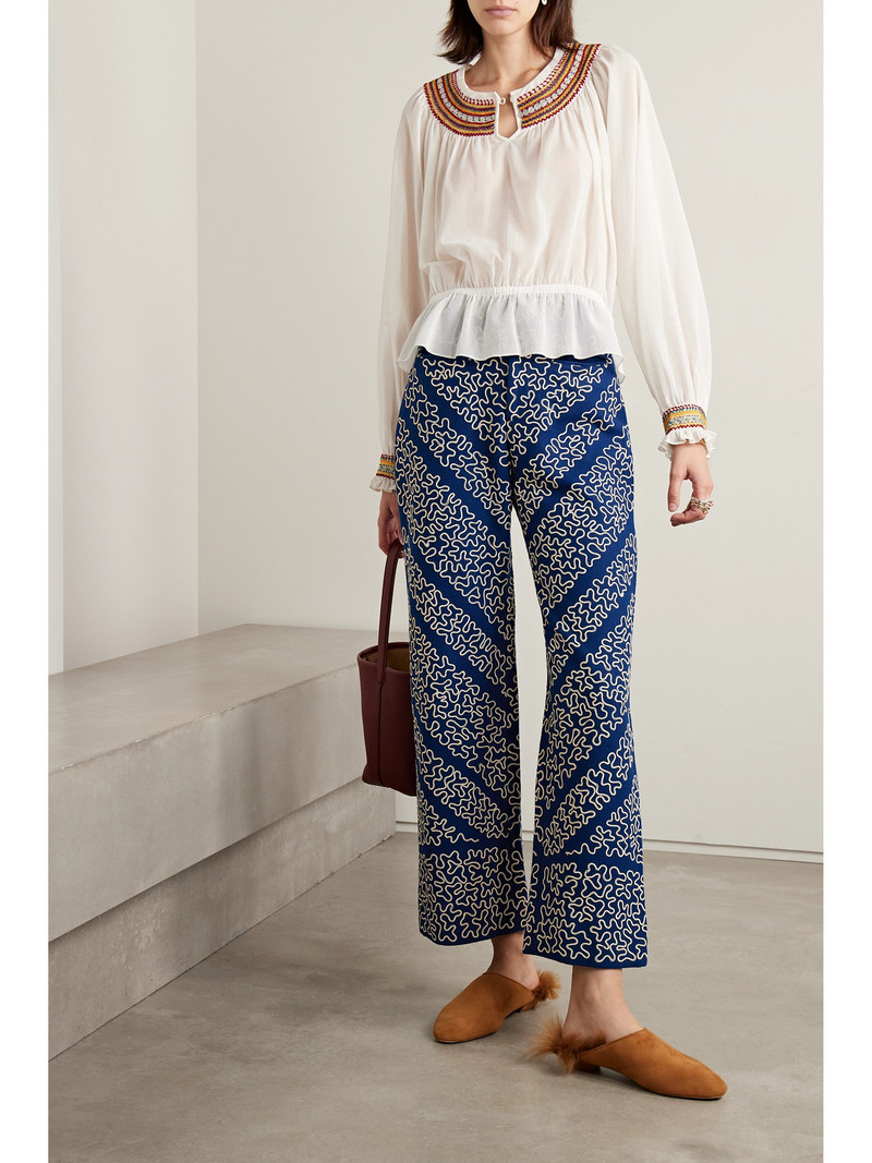BODE Bombora Cropped Embroidered Wool-blend Wide-leg Pants outlook