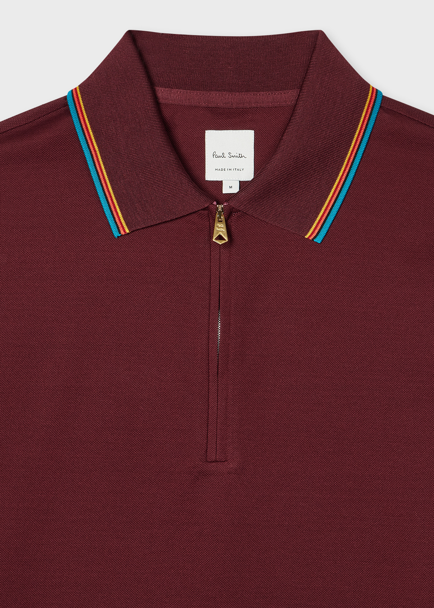 Burgundy Cotton 'Signature Stripe' Trim Zip Polo Shirt - 2