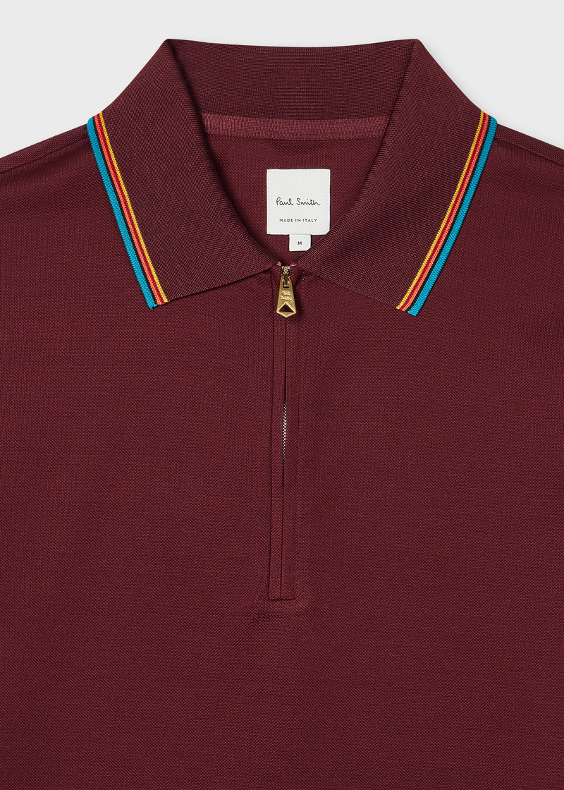 Paul Smith Burgundy Cotton 'Signature Stripe' Trim Zip Polo Shirt outlook