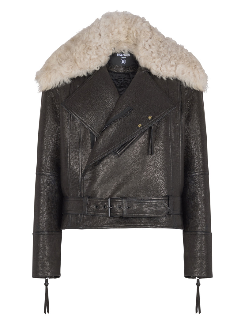Leather jacket with shearling collar 1