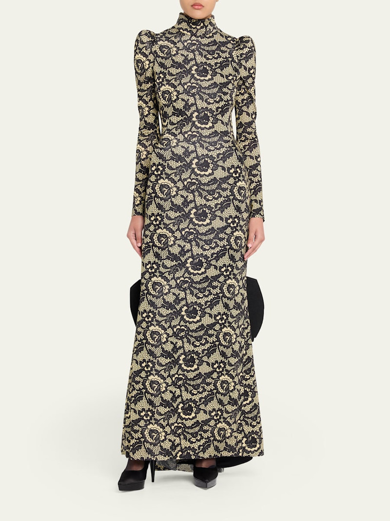 Marc Jacobs Lace-Print Sculptural Long-Sleeve Bow Trumpet Gown outlook