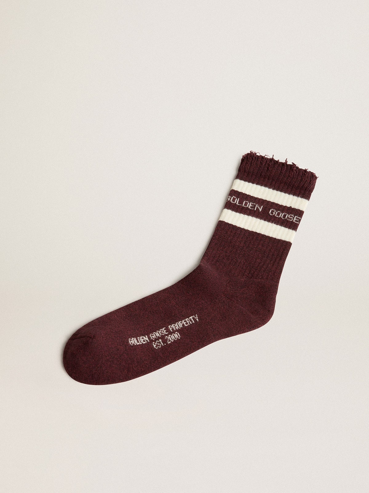 Burgundy socks with distressed details and worn white stripes - 1