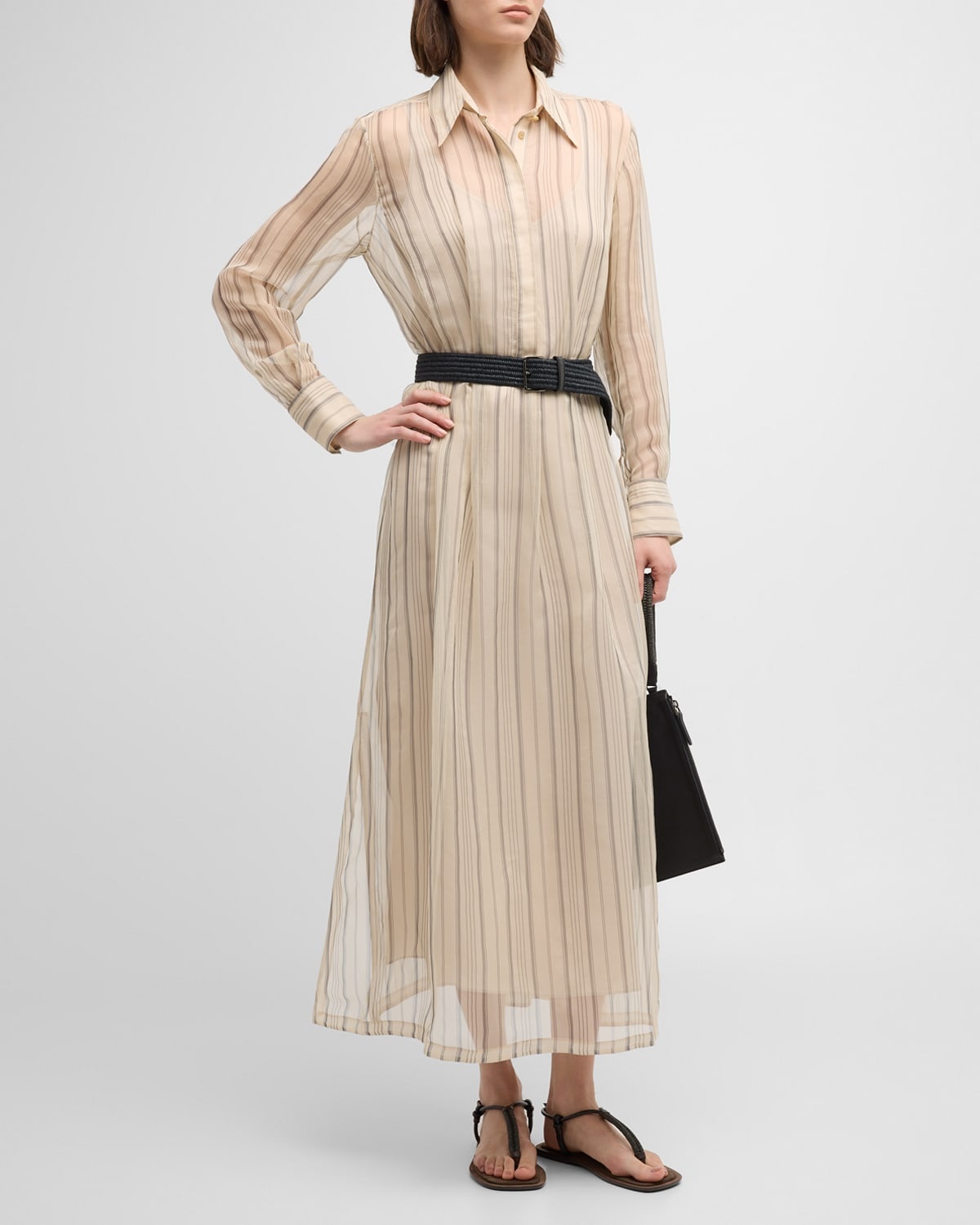 Striped Chiffon Maxi Shirtdress With Monili-Trim Raffia Belt - 3