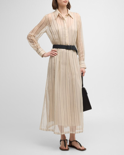 Brunello Cucinelli Striped Chiffon Maxi Shirtdress With Monili-Trim Raffia Belt outlook