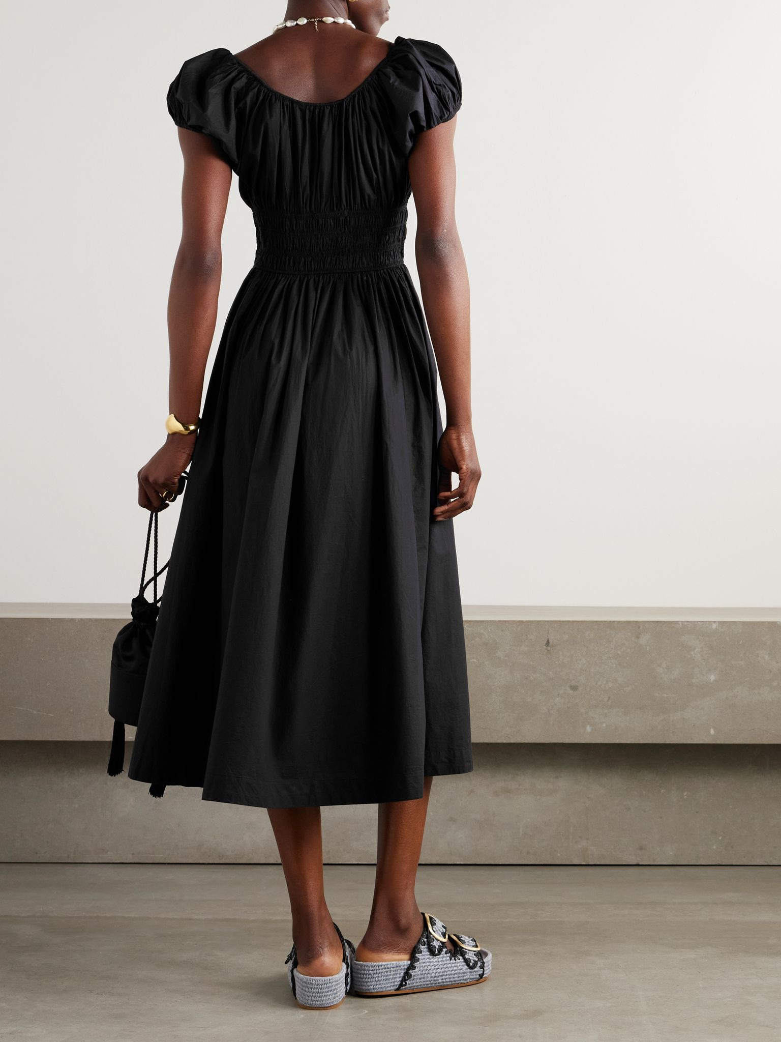 Quinn tie-detailed shirred organic cotton-poplin midi dress Black - 3