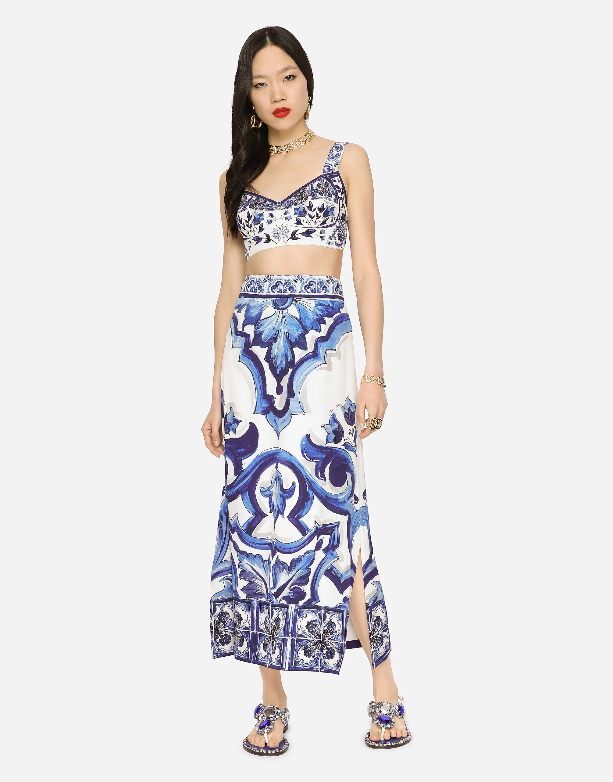 Majolica-print charmeuse calf-length skirt with slit - 2