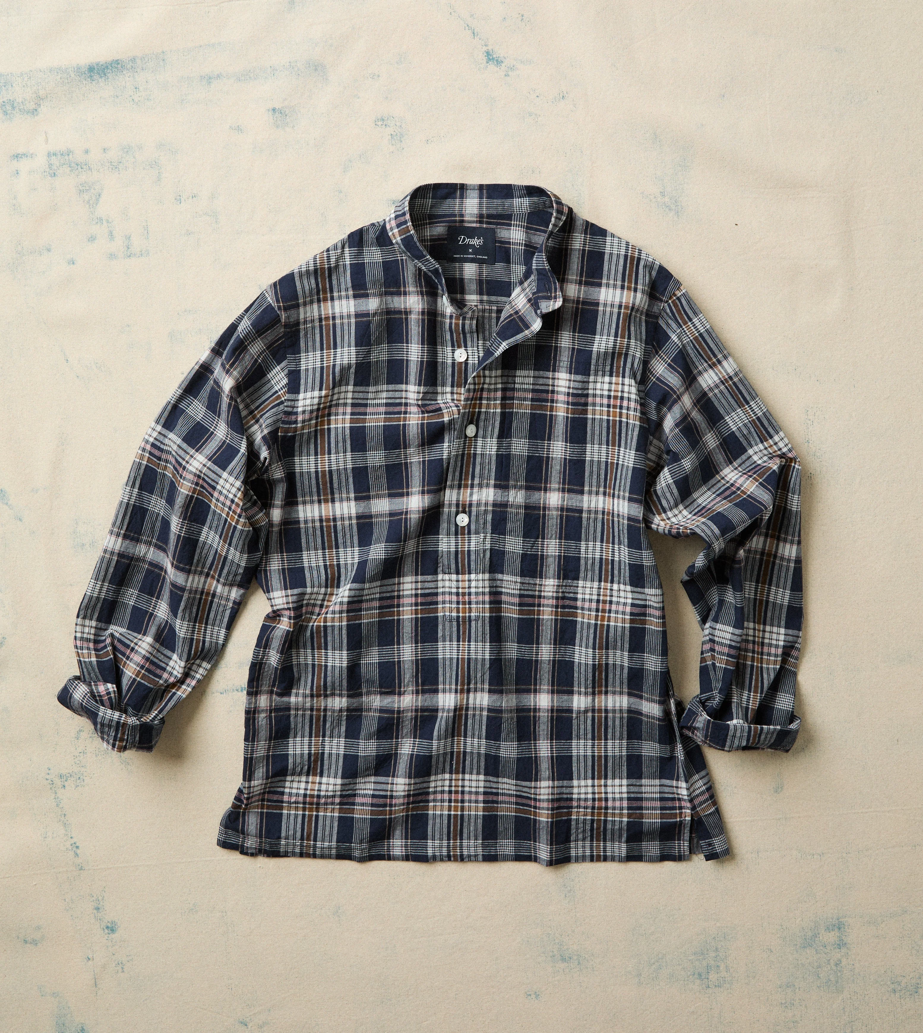 Navy, White and Yellow Madras Check Cotton Mandarin Collar Popover Shirt - 1