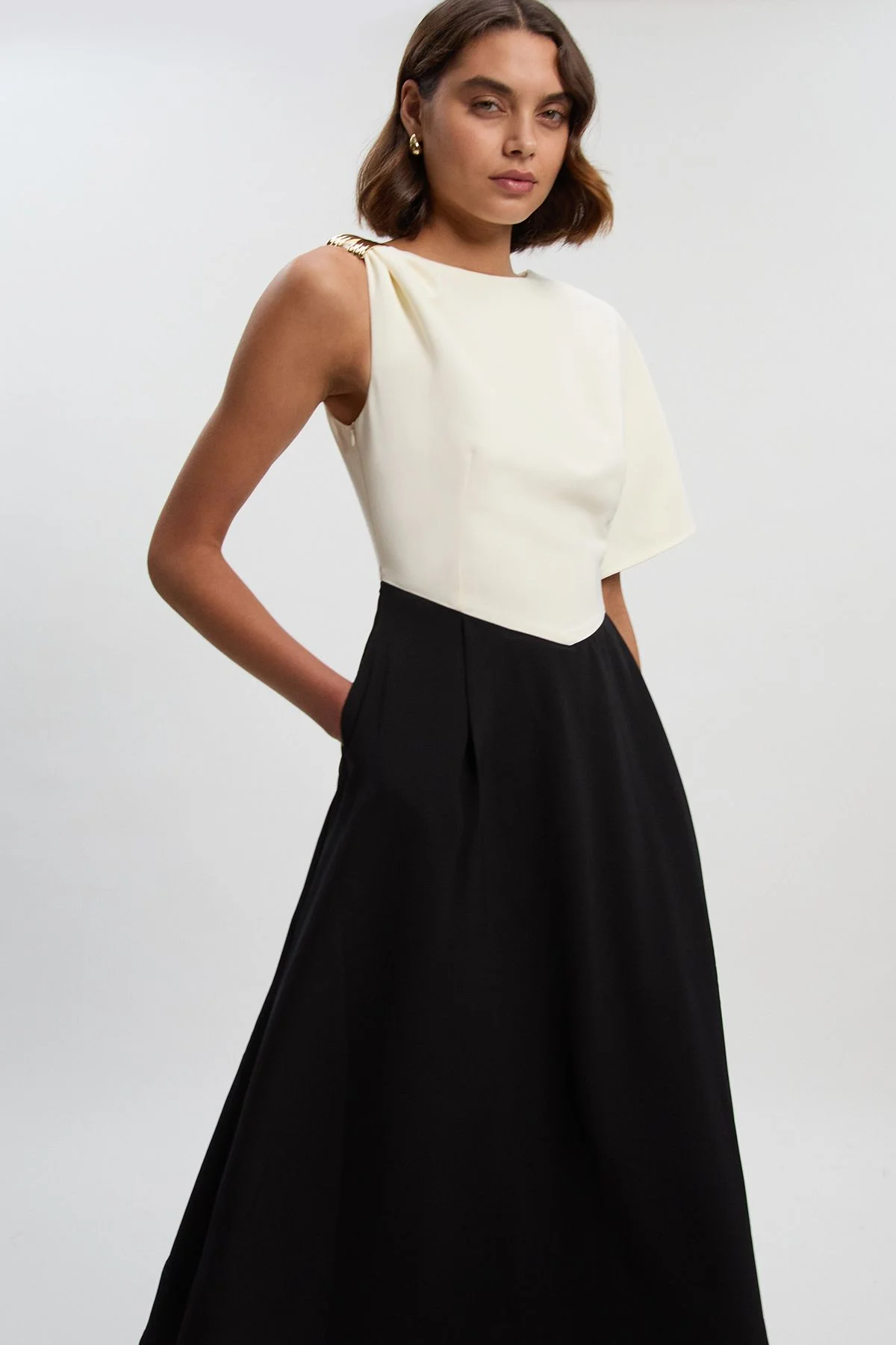 Soft Tailored Trim Detail Full Skirt Midi Dress - 1