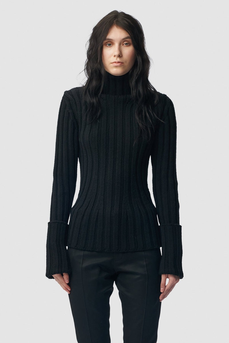 Tia Cropped Rib Darted High Neck Sweater - 1