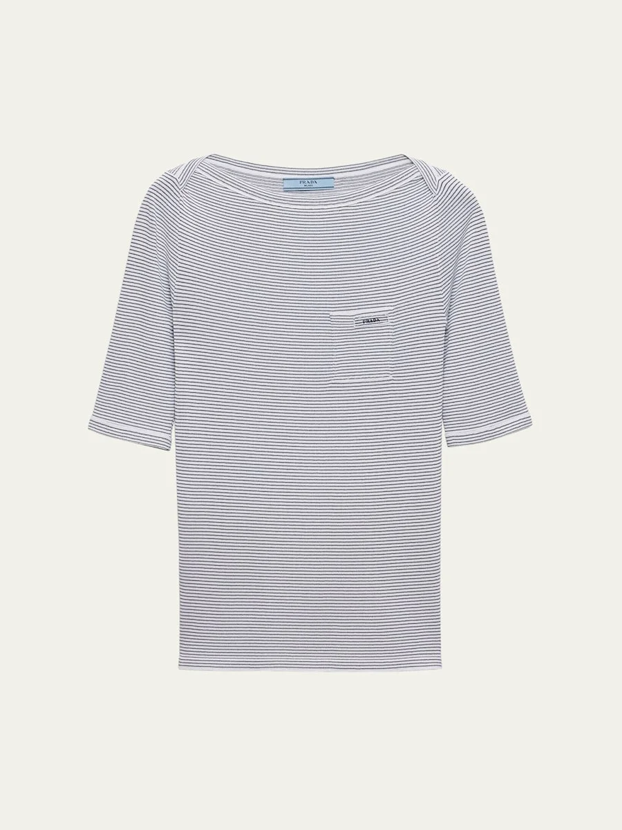 Striped High-Neck Elbow-Sleeve Sweater - 1