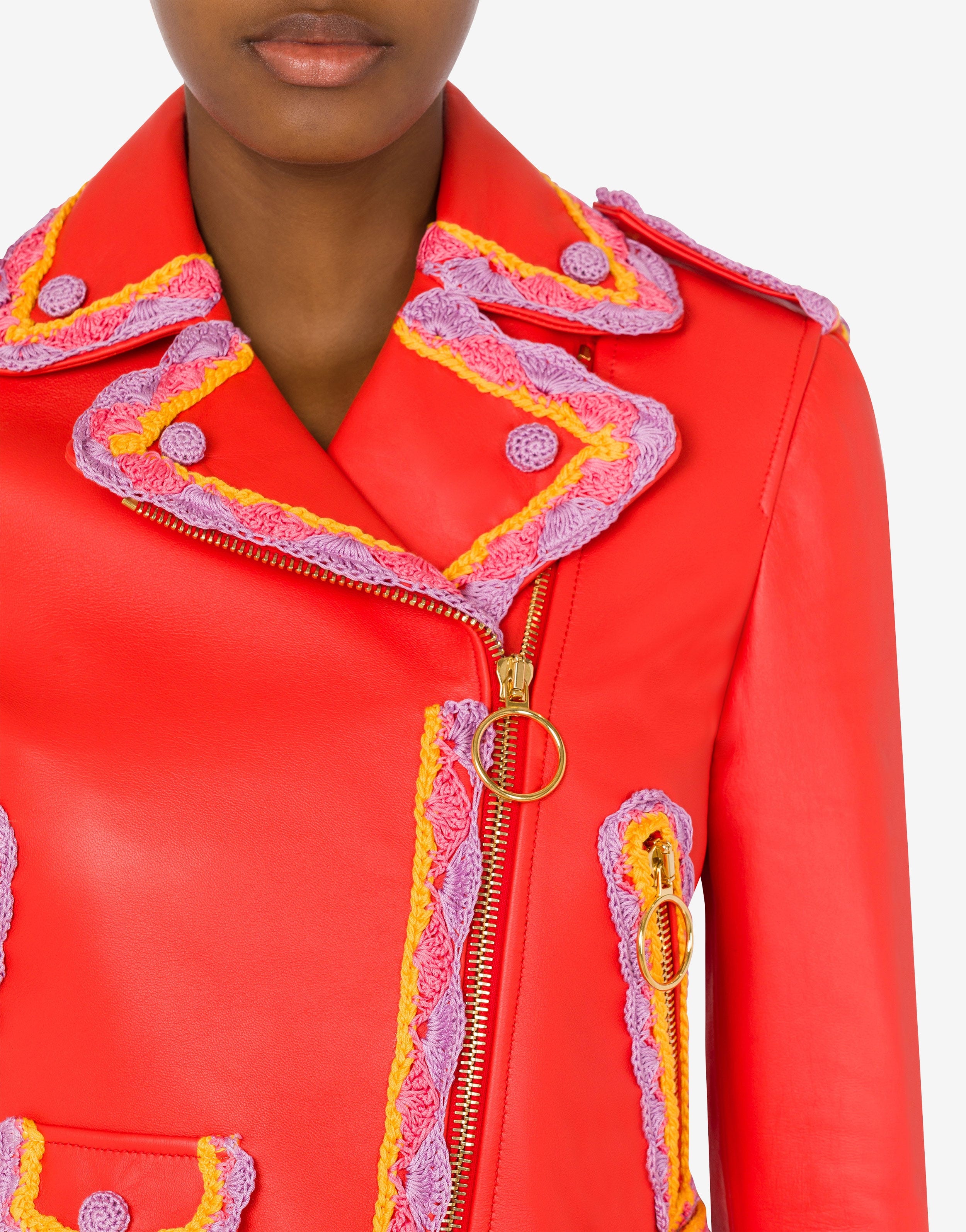 CROCHET DETAILS NAPPA LEATHER BIKER JACKET - 4