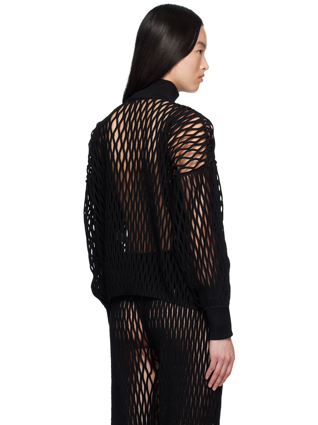 Black Macramé Knit Loose Turtleneck - 3