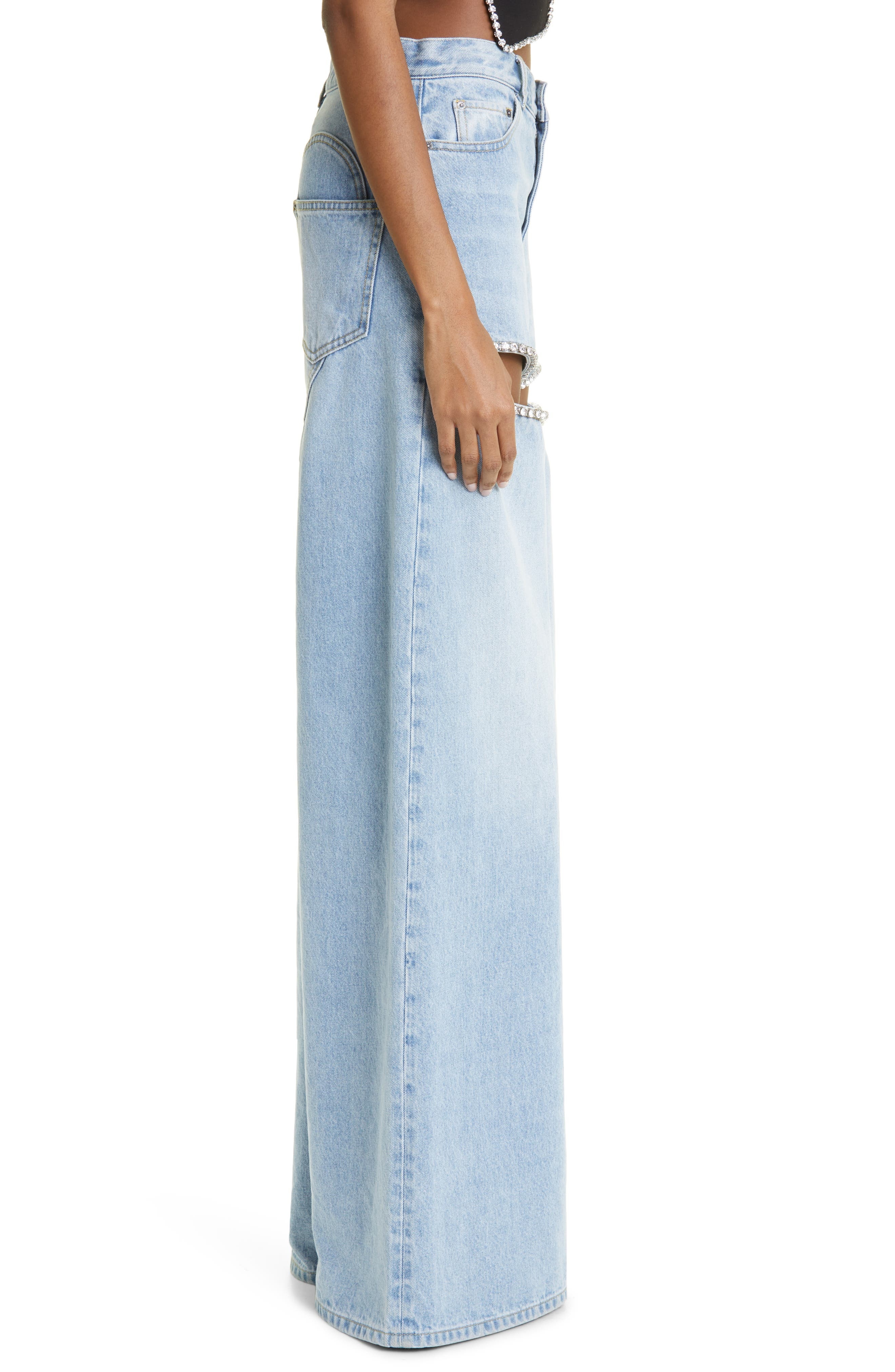 Area Crystal Slit Cotton Denim Wide Legs Jeans in Light Blue at Nordstrom - 4