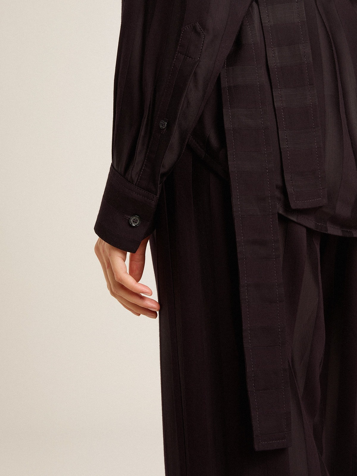 Women's black shirt with vertical stripes and side knot closure - 5