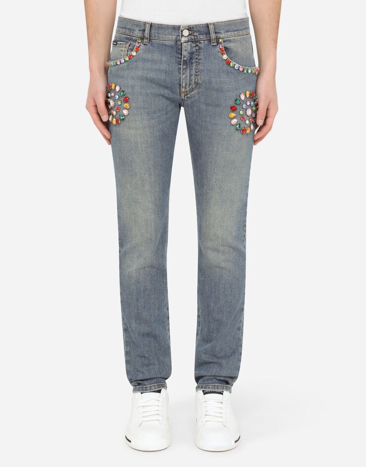 Blue skinny stretch jeans with crystals - 1