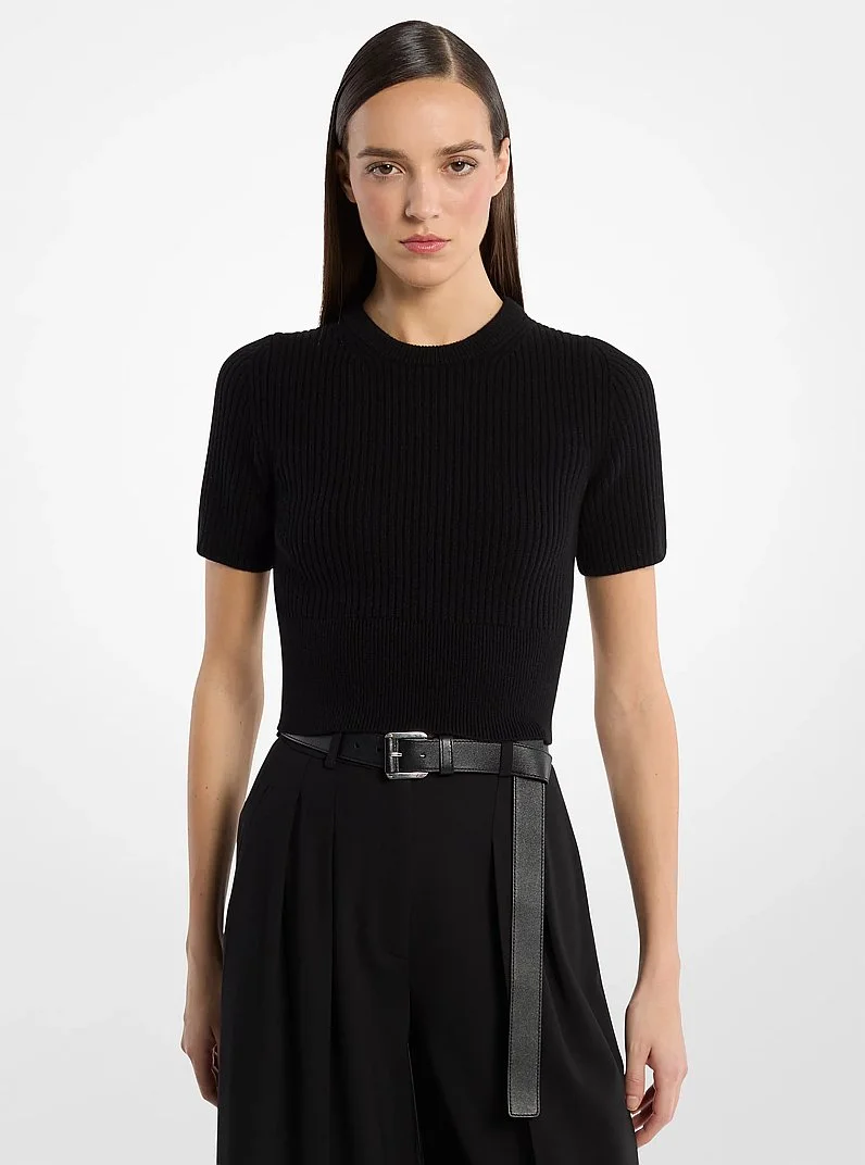 Ribbed Cashmere Three-Quarter Sleeve Cropped Sweater - 1