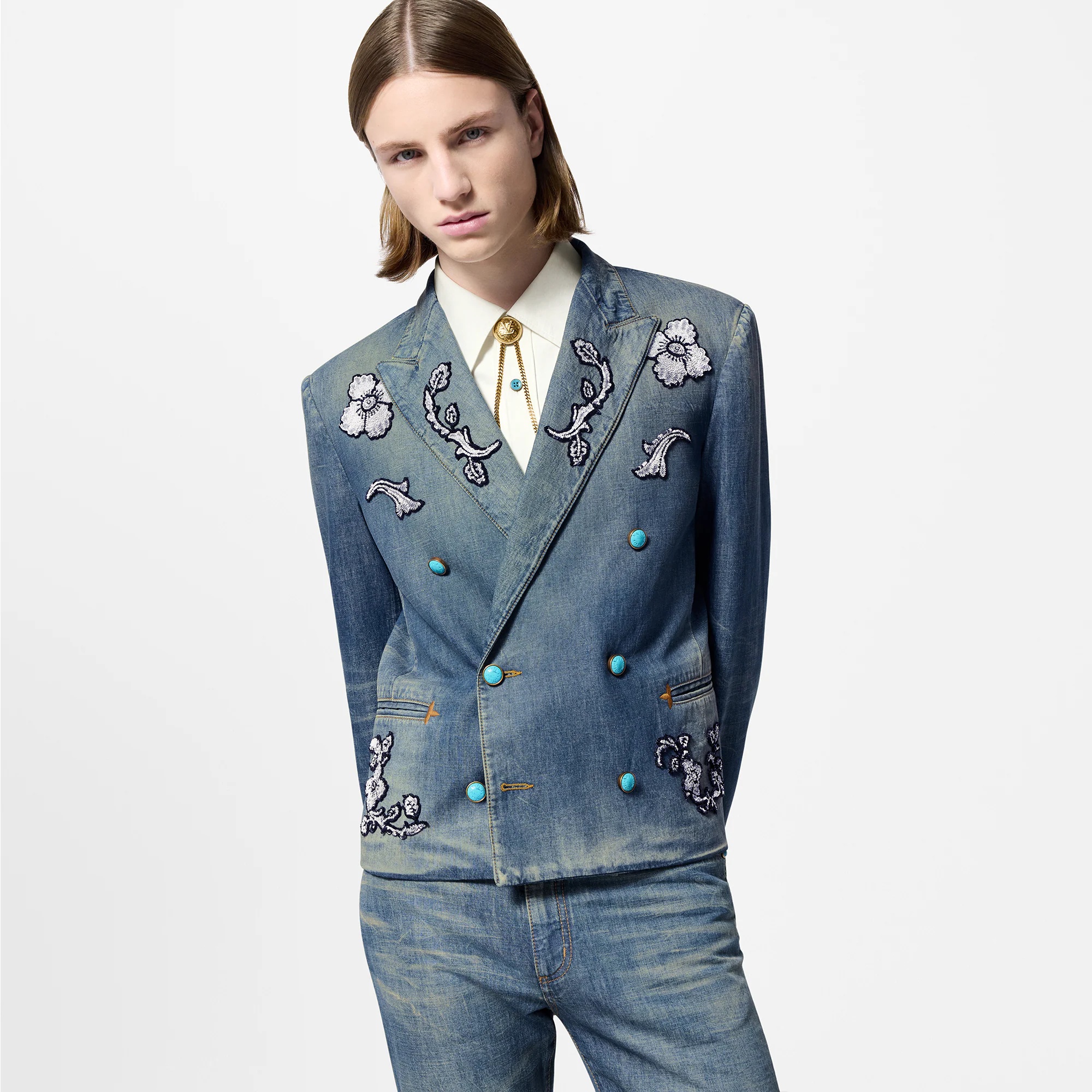 Embroidered Double-Breasted Cotton Chambray Jacket - 2