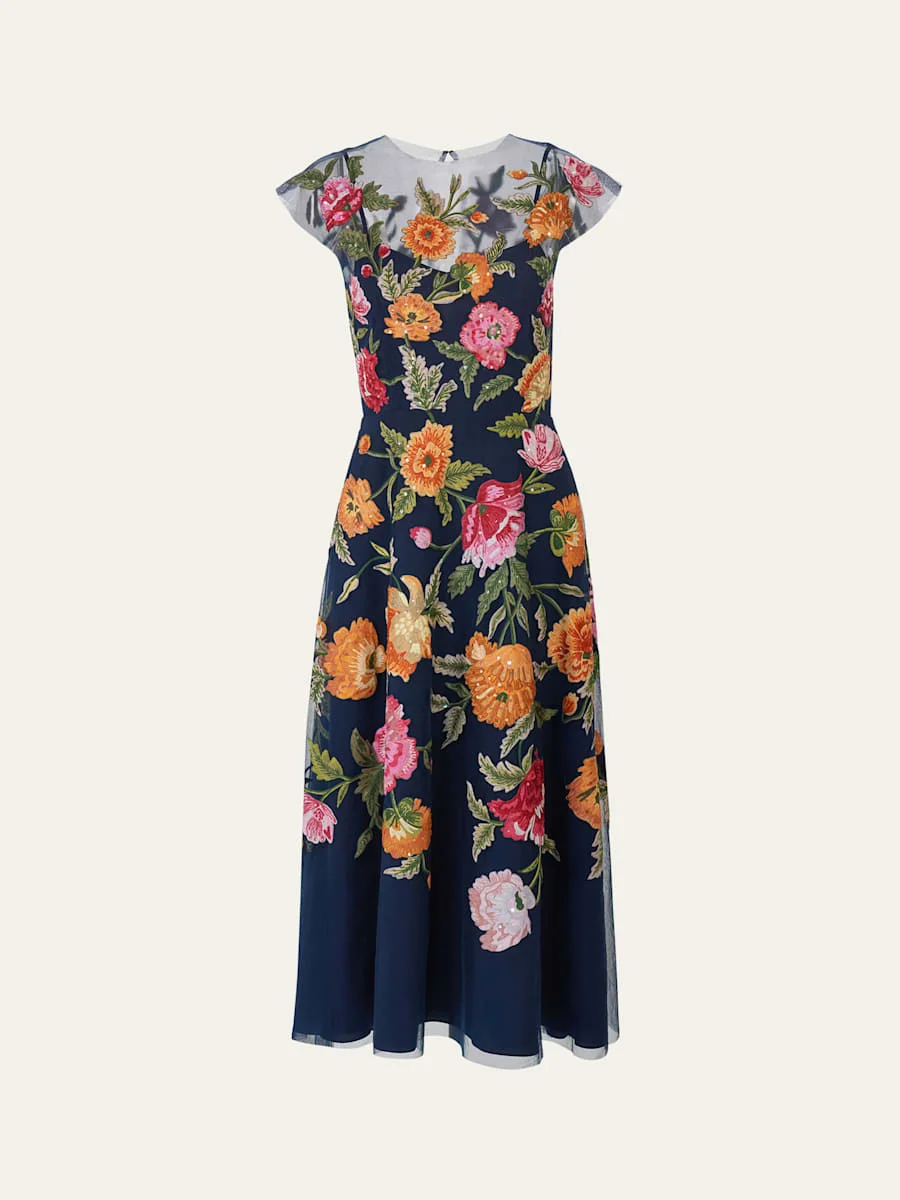 Floral Embroidered Cap-Sleeve Illusion Midi Dress - 1