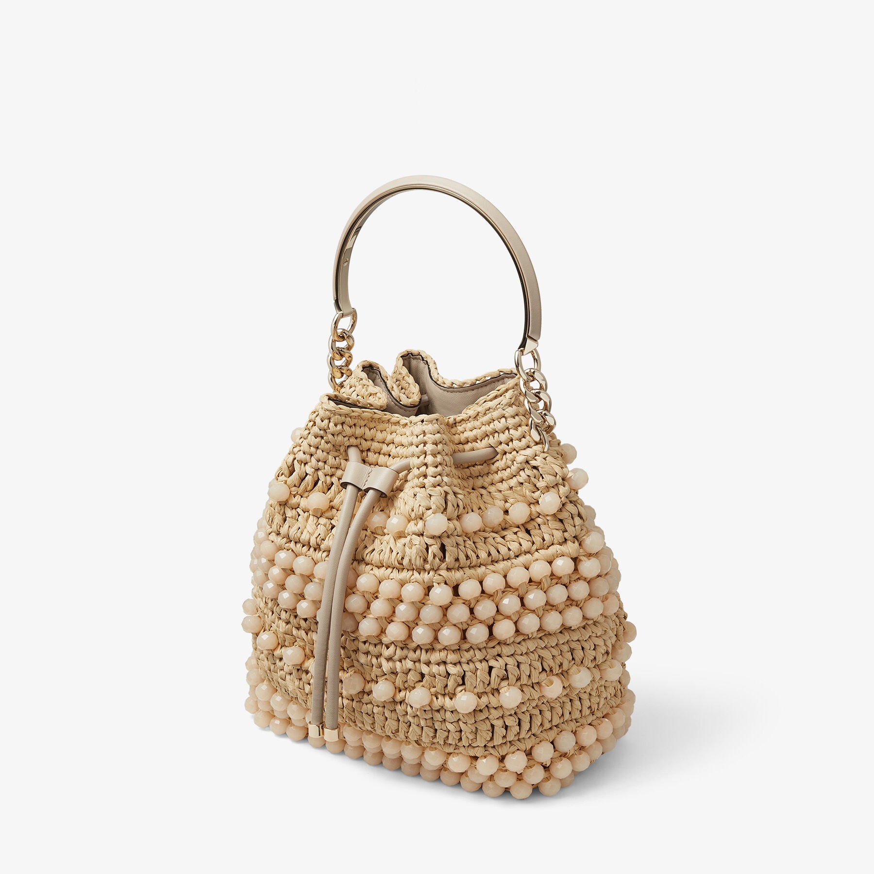 Bon Bon Bucket
Natural Beaded Raffia and Smooth Leather Bucket Bag - 4