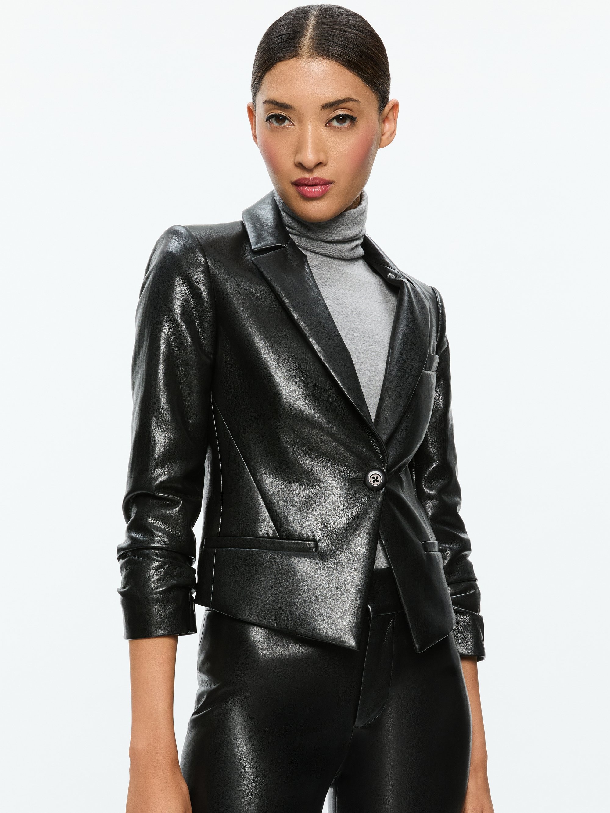 VINNIE RUCHED SLEEVE VEGAN LEATHER FITTED BLAZER - 2