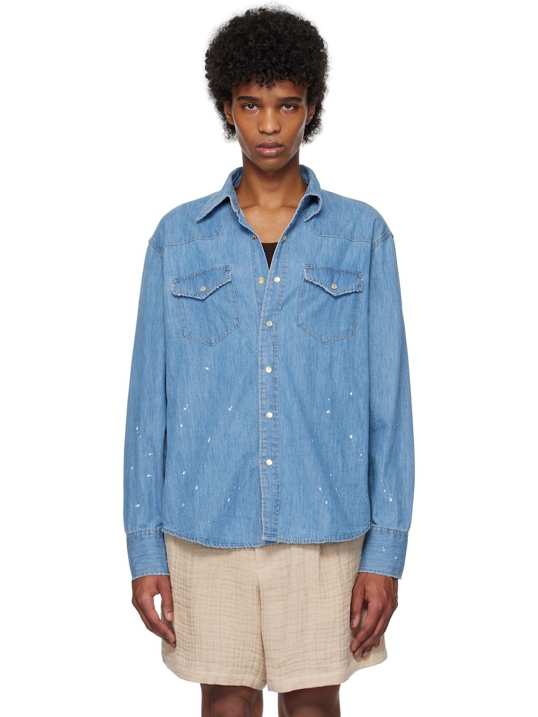 Blue Hand-Painted Western Denim Shirt - 1