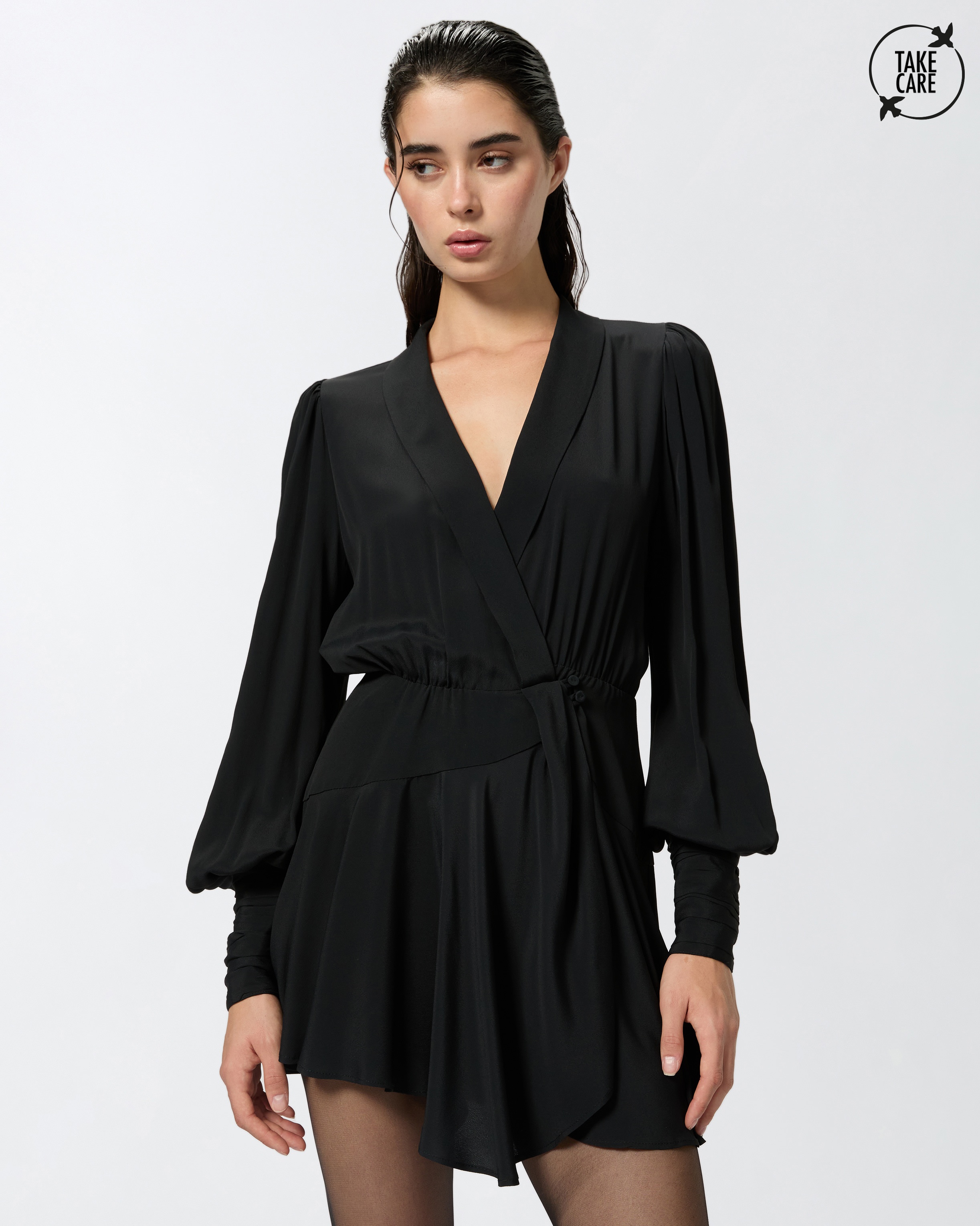 PLUNGING-NECK SILK-BLEND MINI DRESS - 2