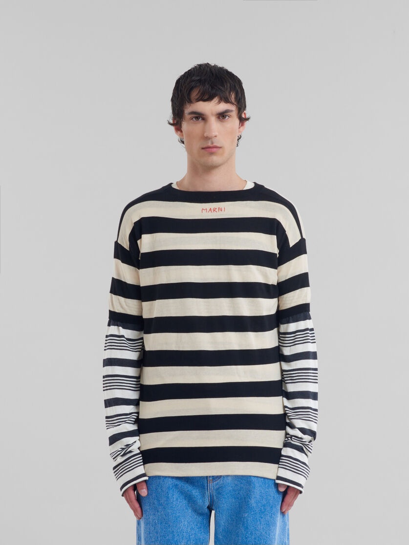 BLACK AND WHITE LAYERED COTTON CREW-NECK WITH CONTRAST STRIPES - 2