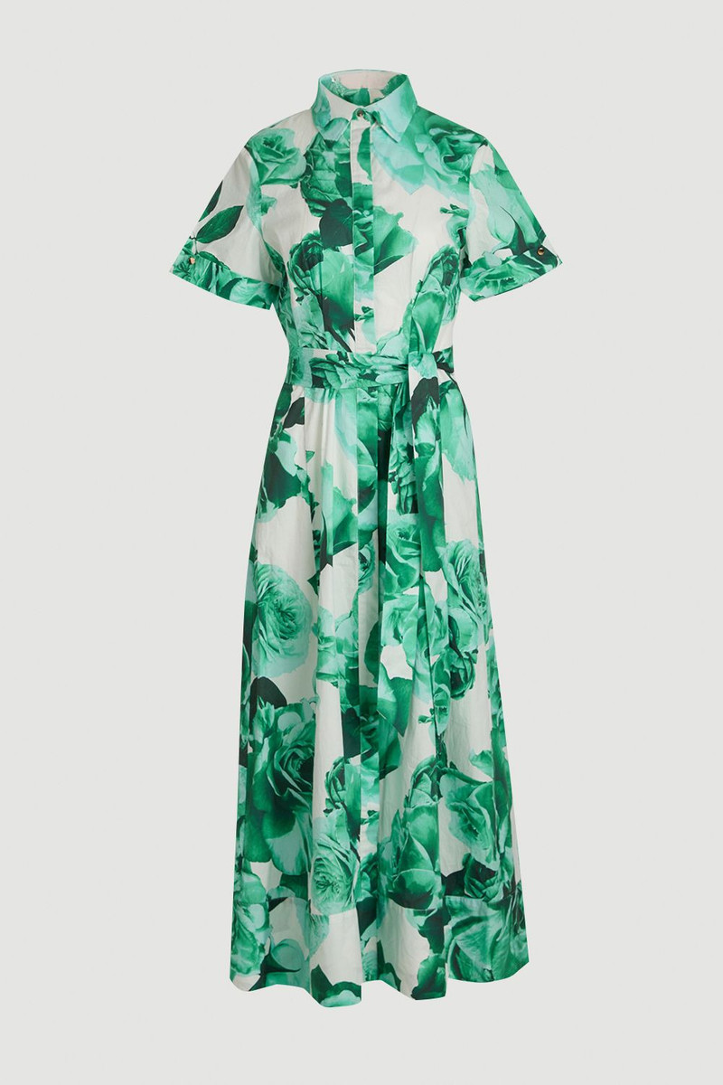 KAREN MILLEN Rose Print Cotton Sateen Floral Woven Belted Maxi Shirt Dress outlook