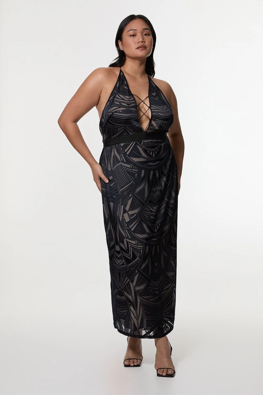 Amelia Graham Plus Size Burnout Lace Up Detail Woven Column Dress - 1