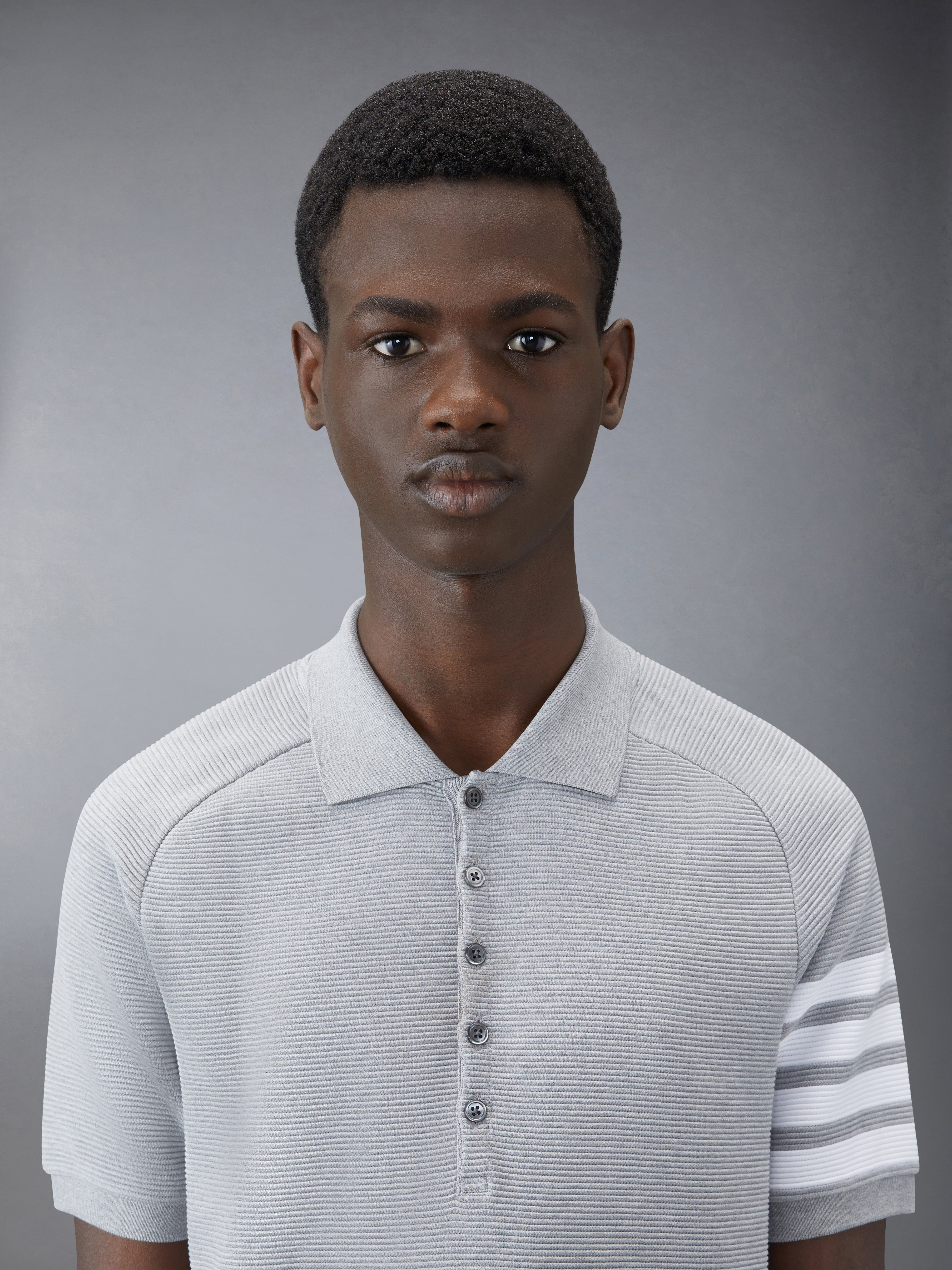 Light Grey Cotton Ottoman Rib 4-Bar Polo - 6