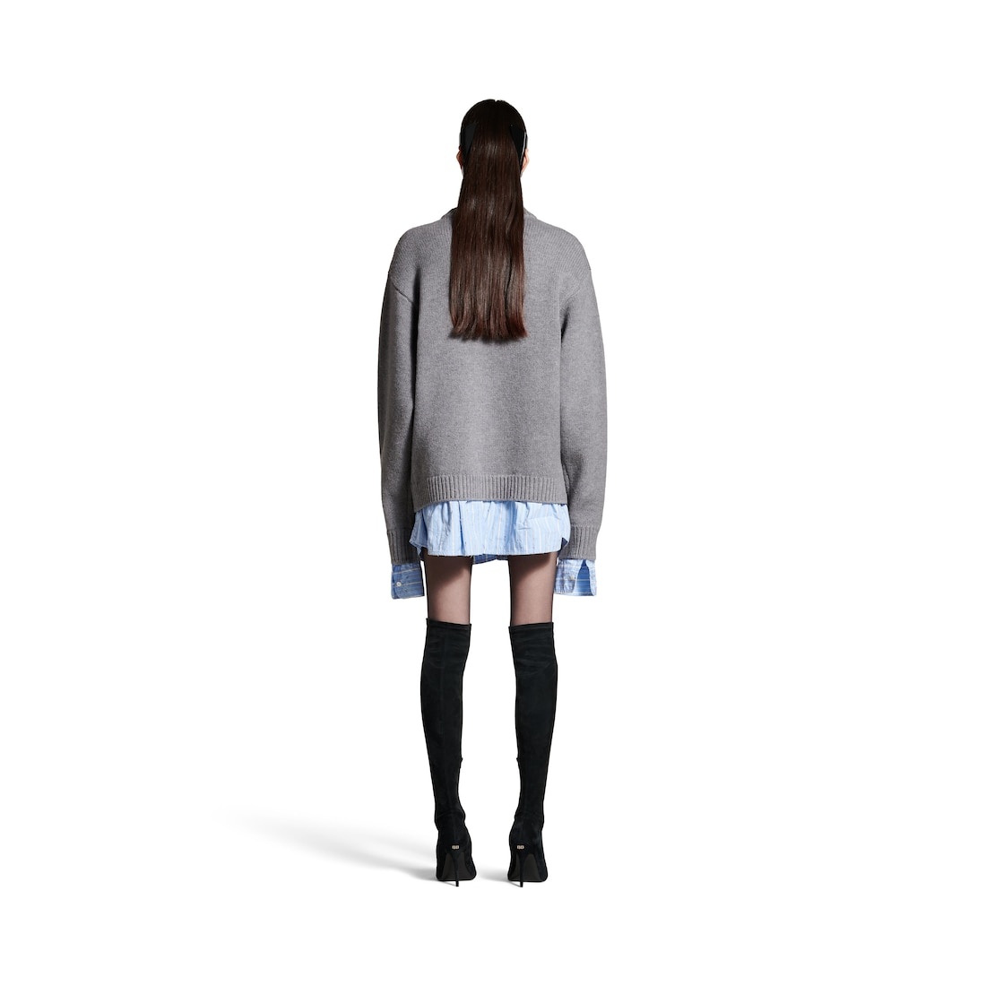 Women's Layered Shirt V-neck Sweater in Grey - 4