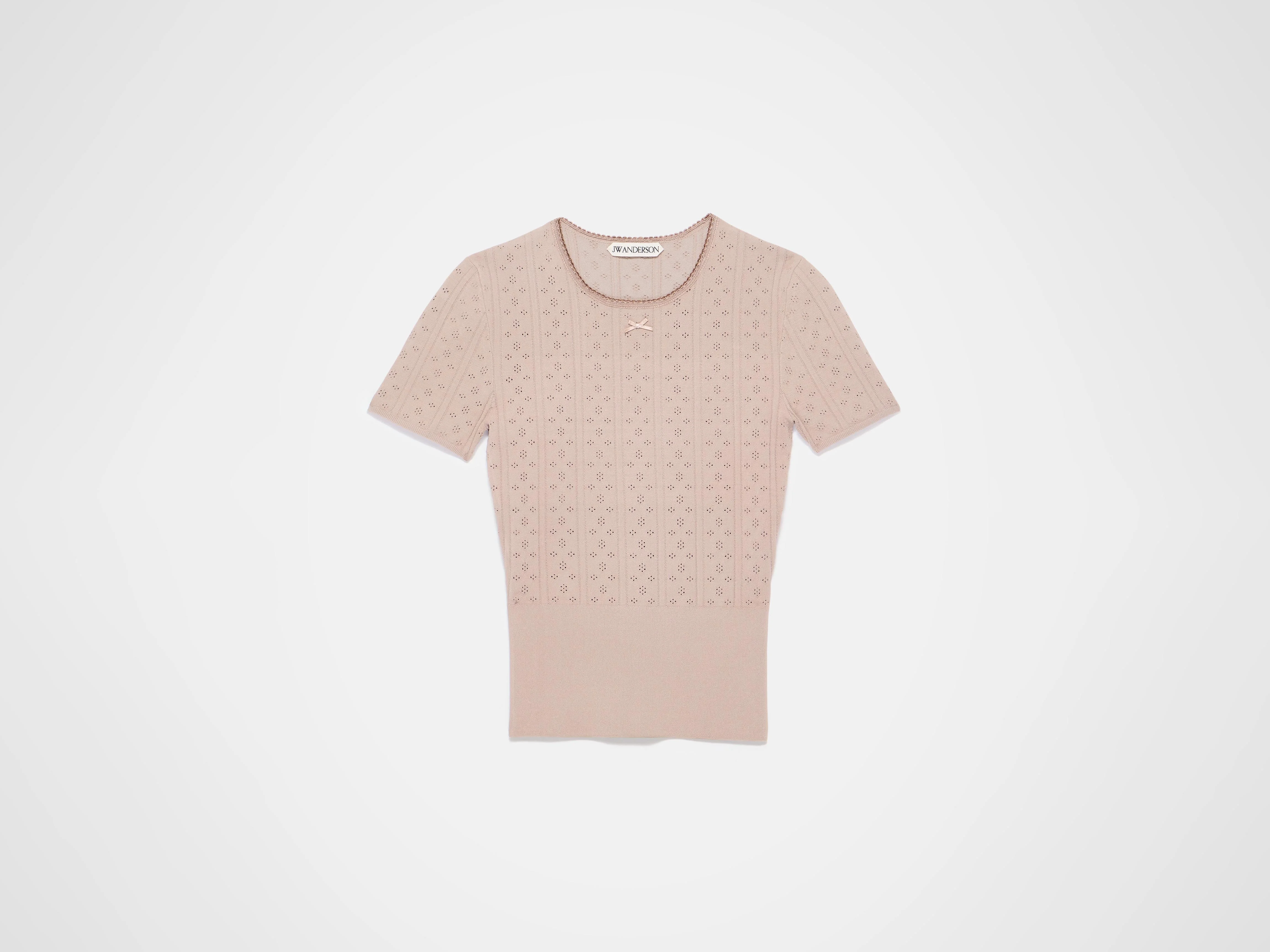 KNITTED POINTELLE T-SHIRT IN TAUPE - 1