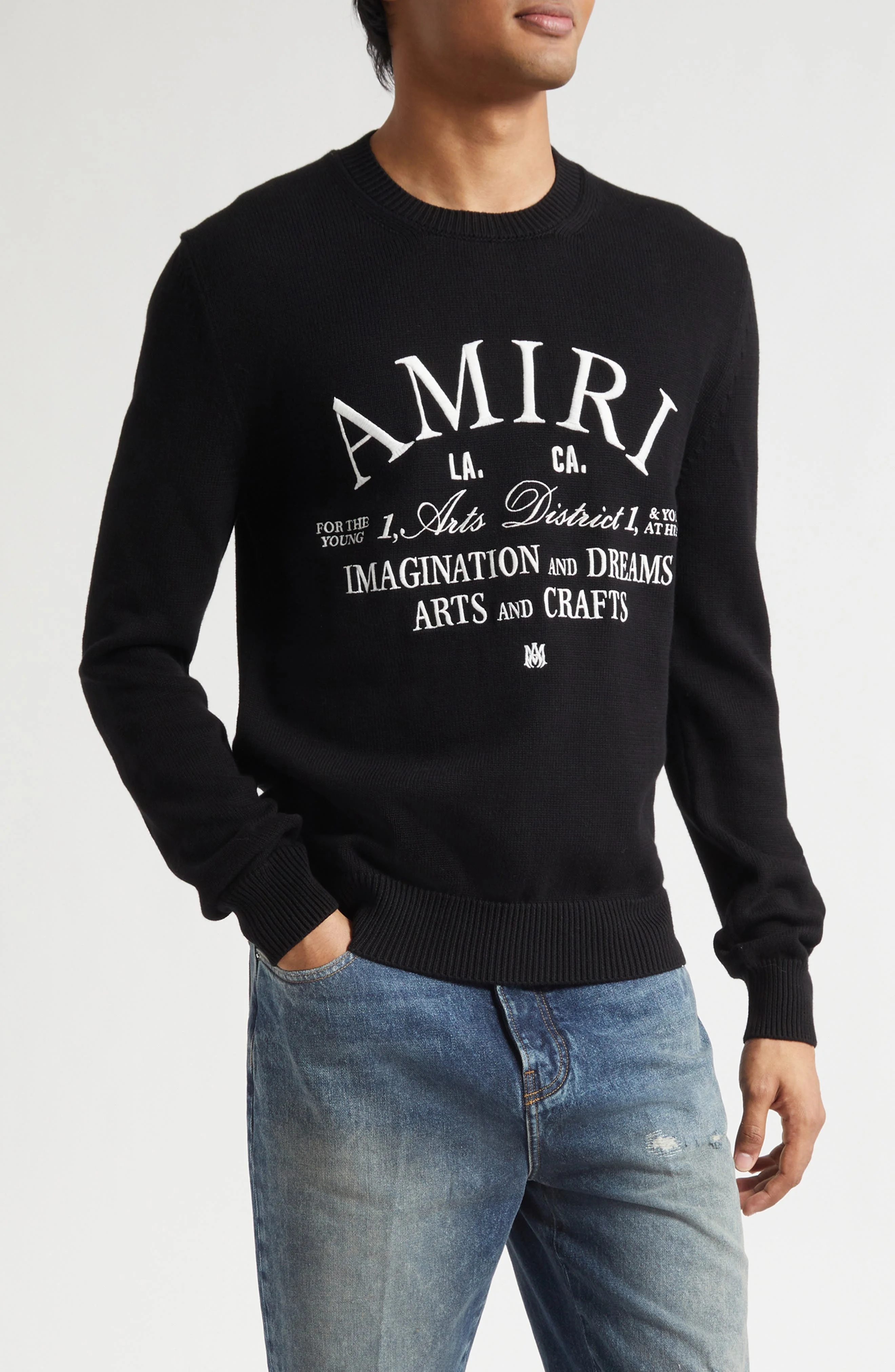 AMIRI Arts District Embroidered Cotton Crewneck Sweater in Black at Nordstrom - 1