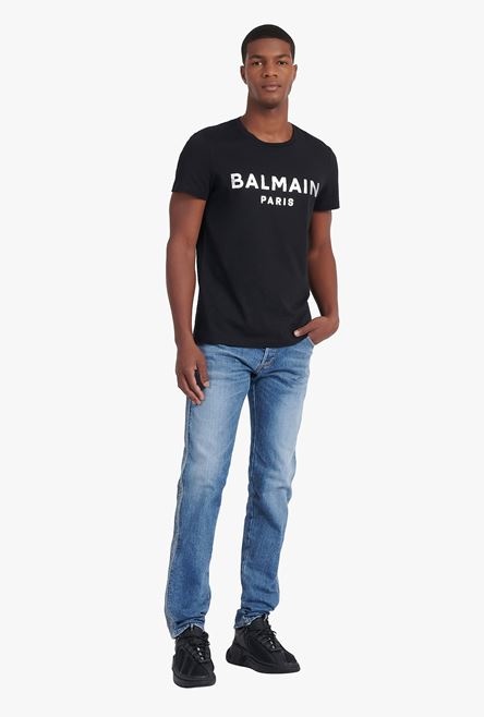 Black eco-designed cotton T-shirt with silver Balmain Paris logo print - 2