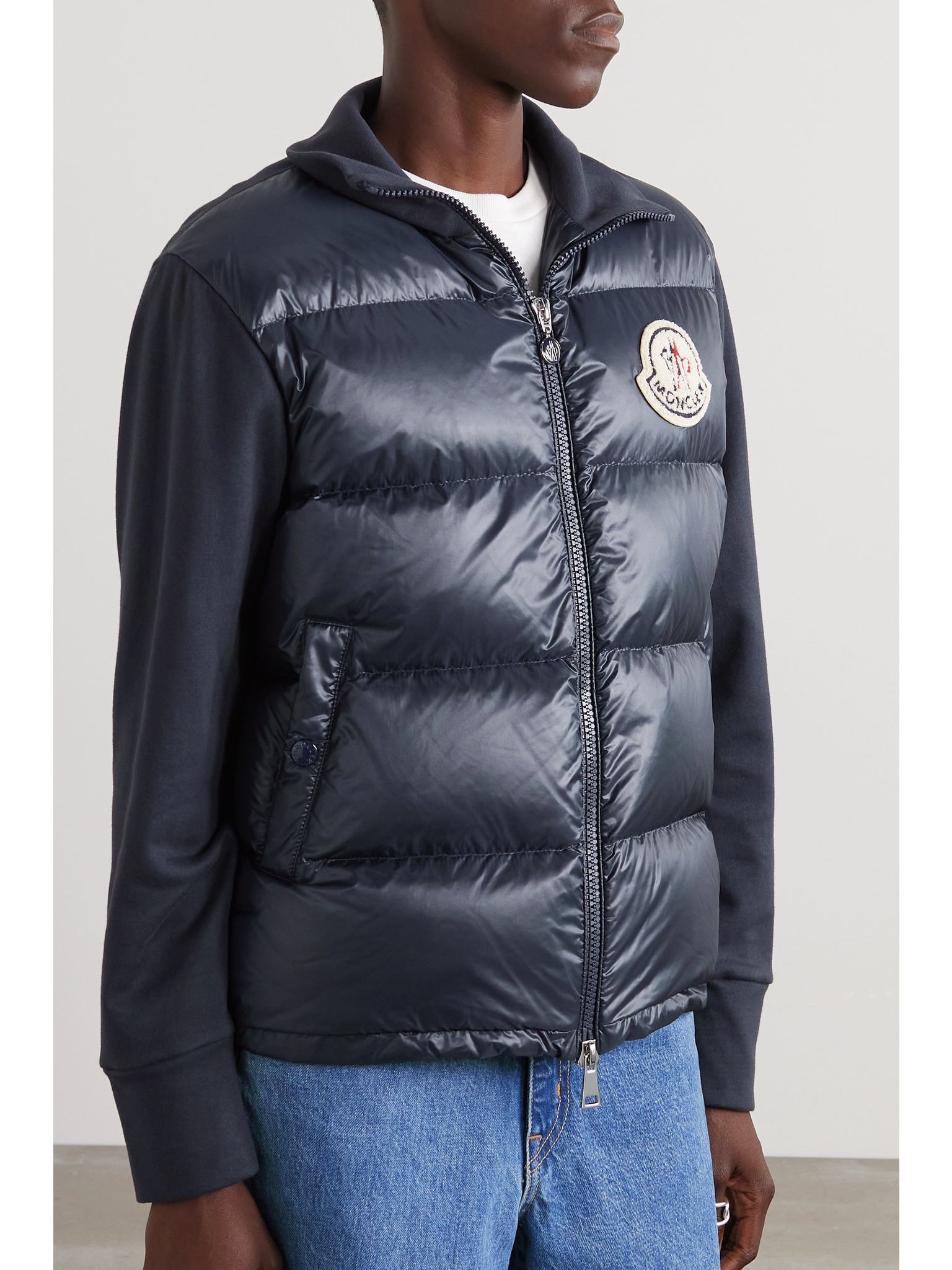 Appliquéd cotton-blend jersey and quilted shell down jacket Navy - 3
