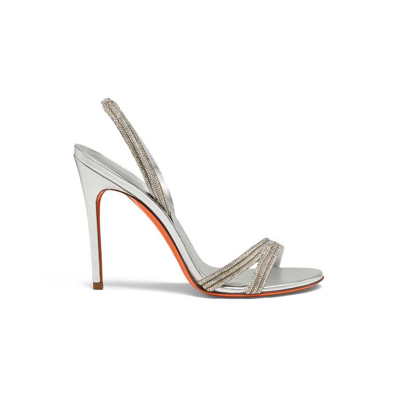 Women's silver laminated leather and crystals high-heel sandal 1
