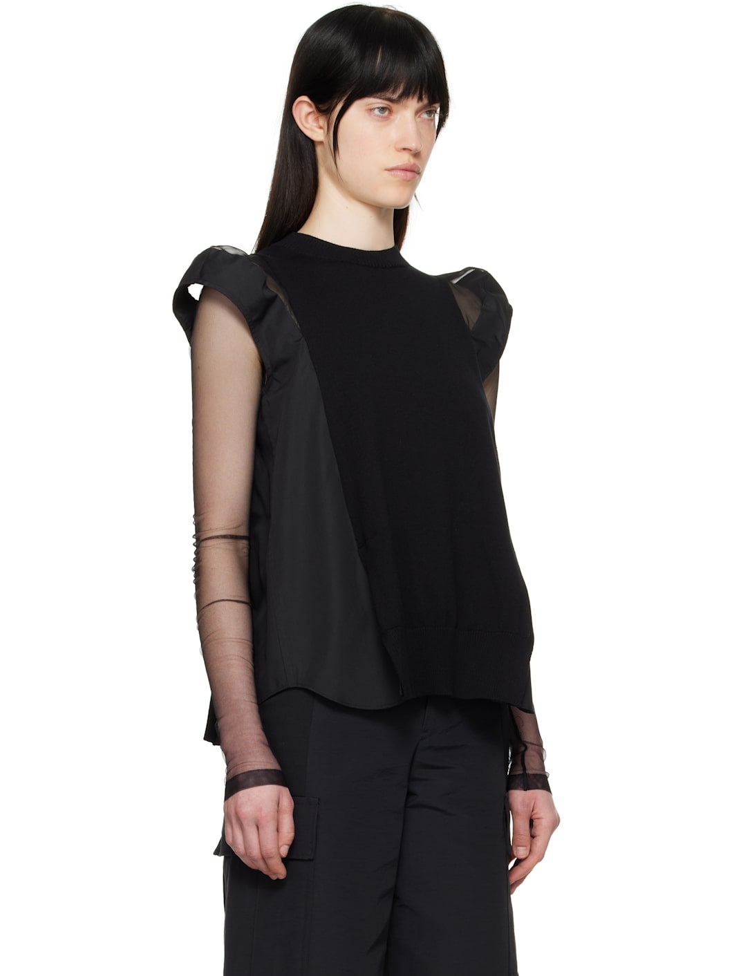 Black Poplin & Knit Sweater - 2