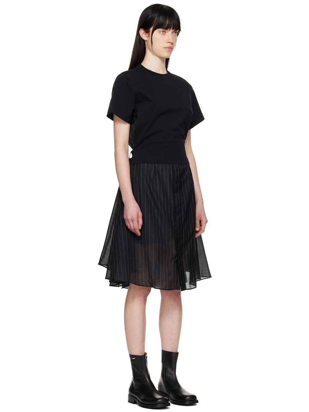 Black Spun Organza & Cotton Jersey Midi Dress - 2