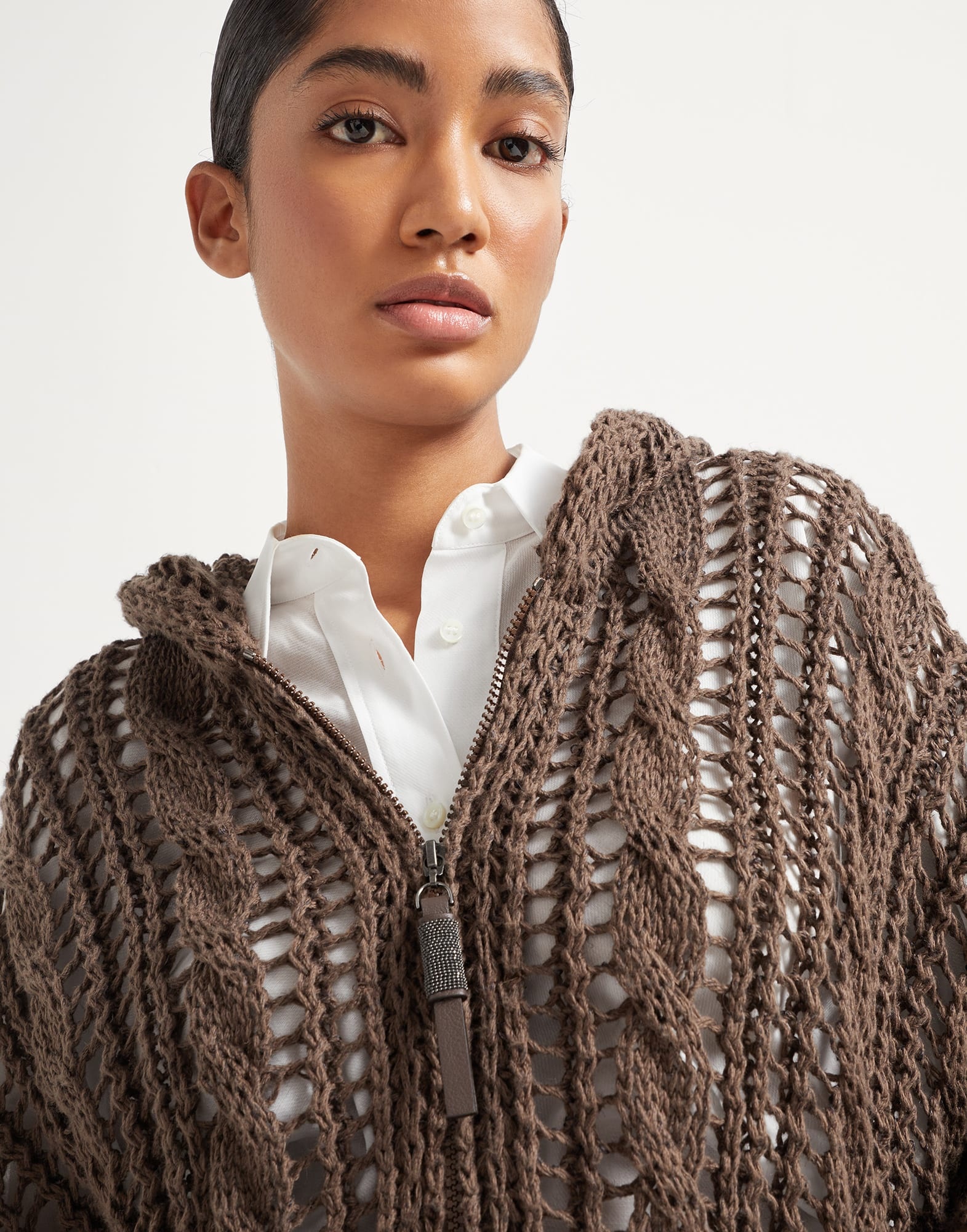 Jute and cotton cable & mesh hooded cardigan with shiny zipper pull - 3