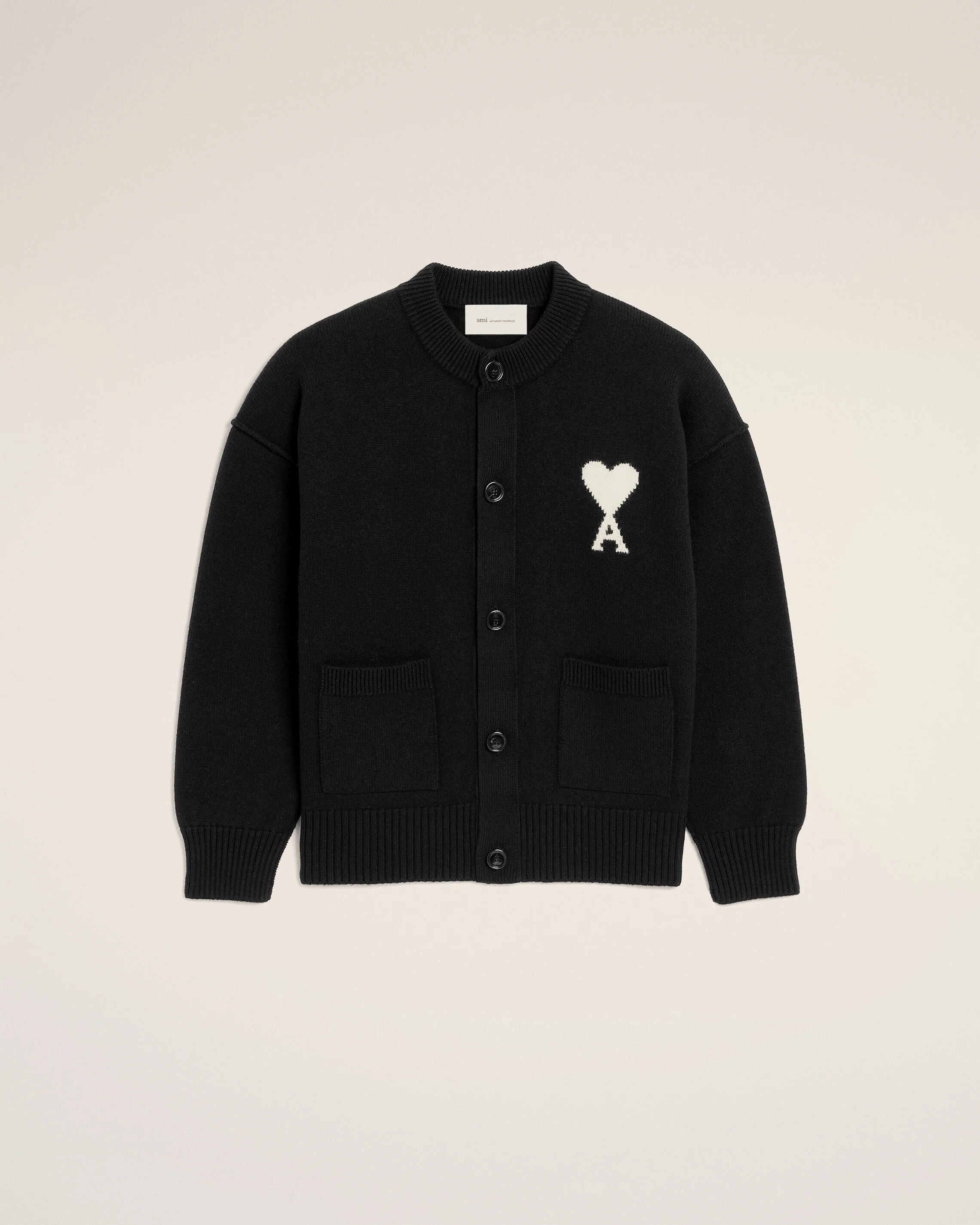BLACK CREWNECK WOOL CARDIGAN WITH AMI DE COEUR - 1