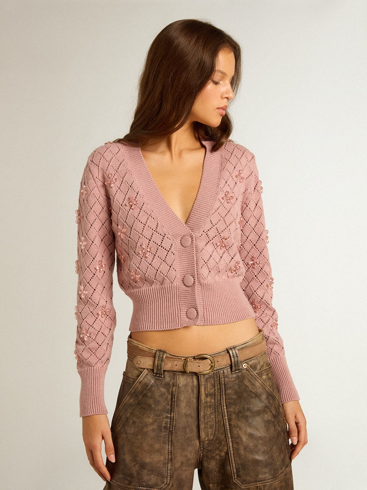 Openwork cotton cropped cardigan with decorative crystals - 2