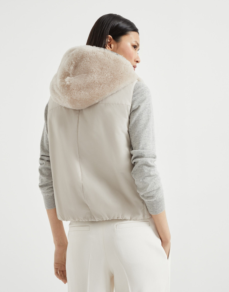 Brunello Cucinelli Cashmere shearling reversible hooded vest with precious trim outlook