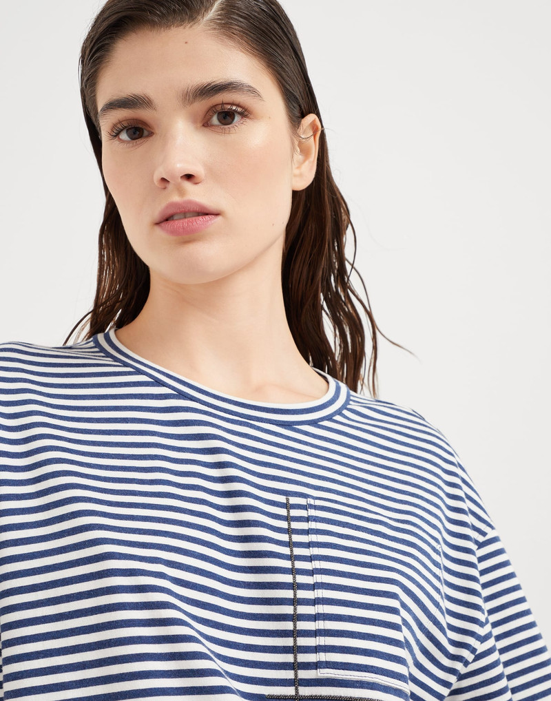 Cotton striped jersey T-shirt with shiny pocket detail 3