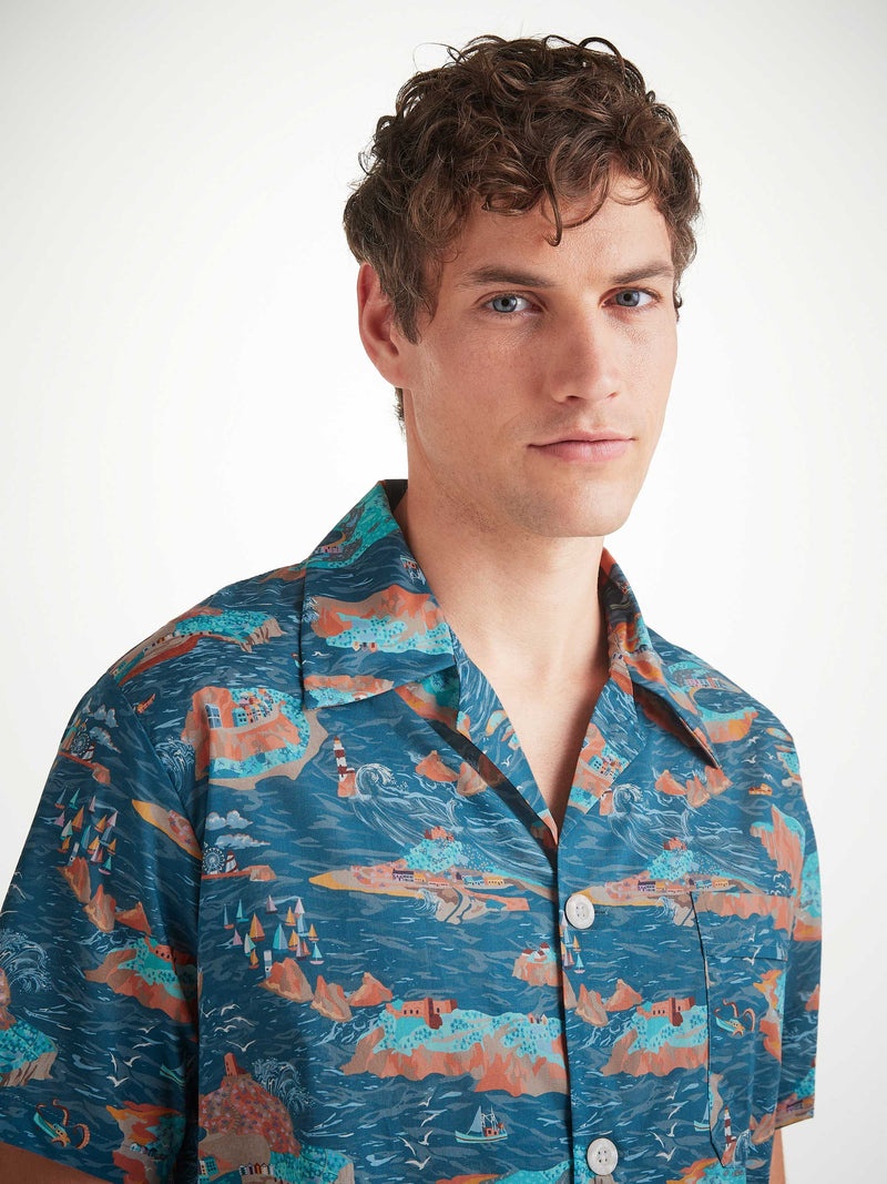 Men's Short Pajamas Cotton Batiste Multi Fisherman's Scenic Print - 5
