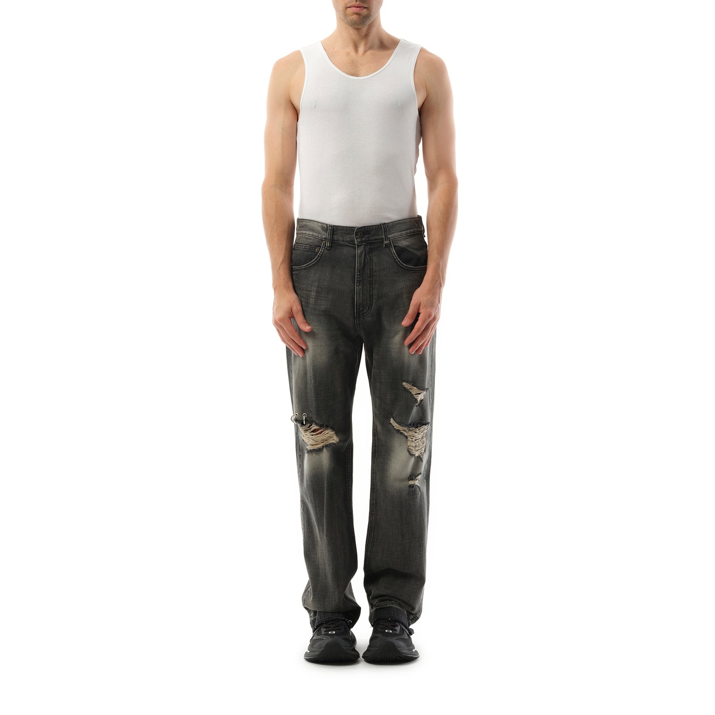 Distressed Denim Trousers in Black - 4