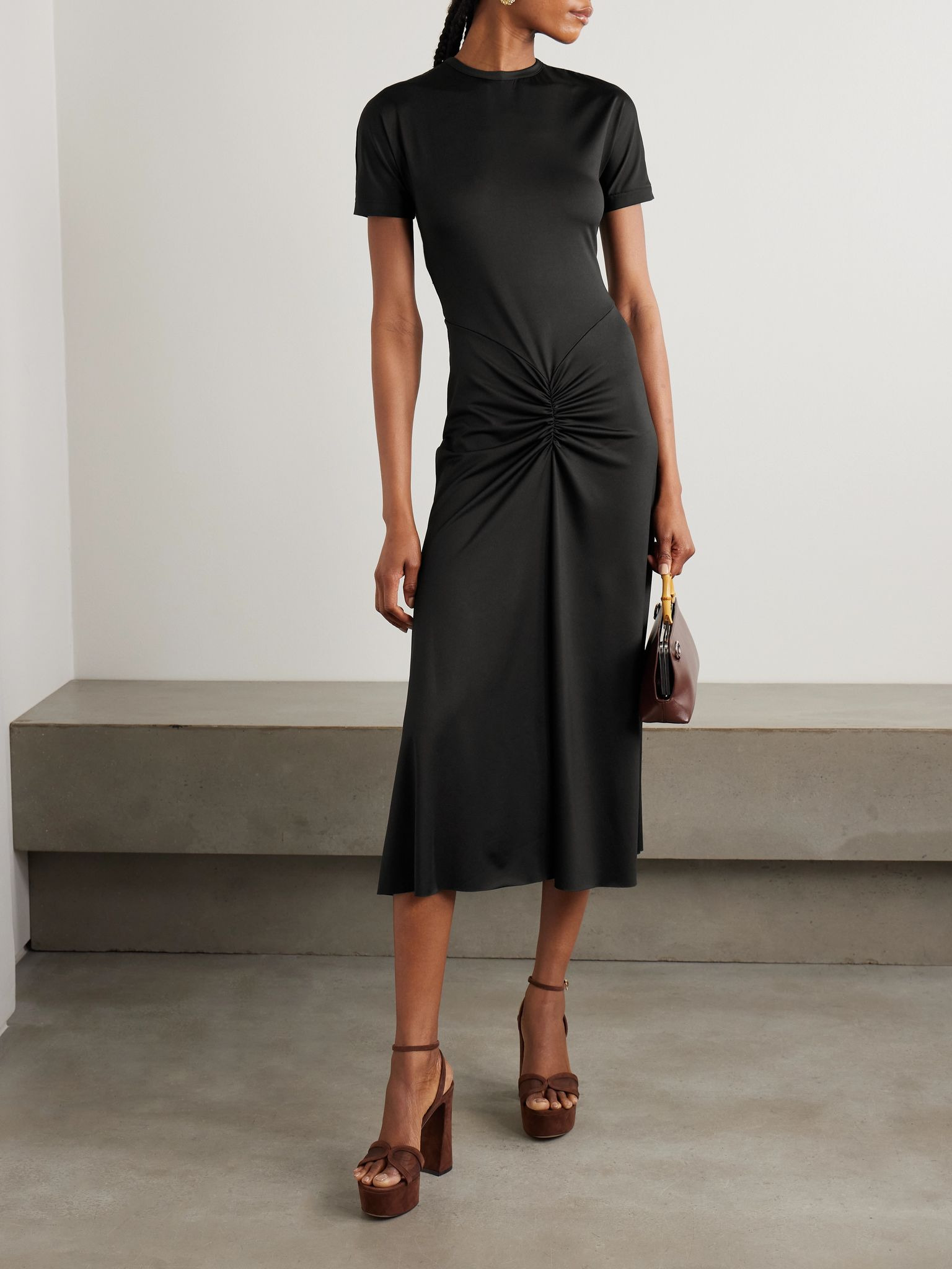 Gathered satin-jersey midi dress Black - 2
